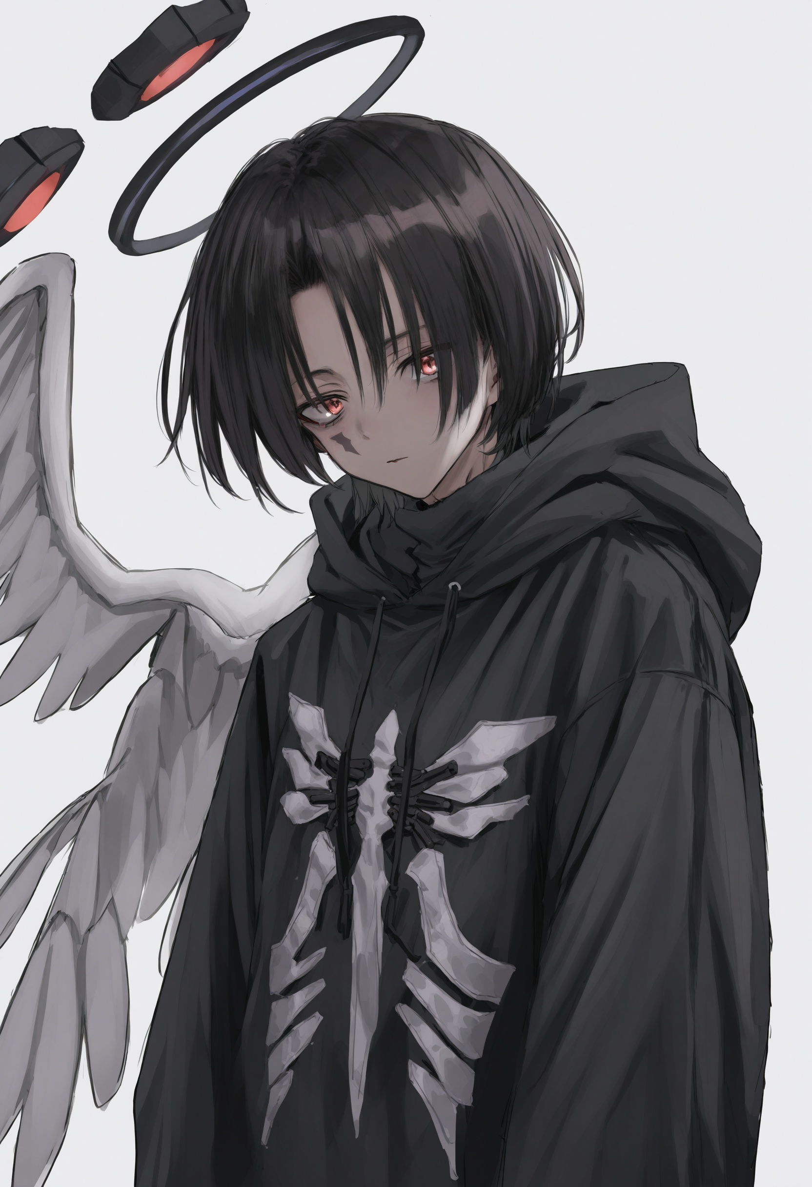 1boy,    halo, solo, white background, black hair, wings, simple background, upper body, horns, short hair, hood down, red eyes, ghost, facial mark, mechanical wings, turtleneck, masterpiece, best quality <lora:GUXLlokr8f-000183:0.95>
