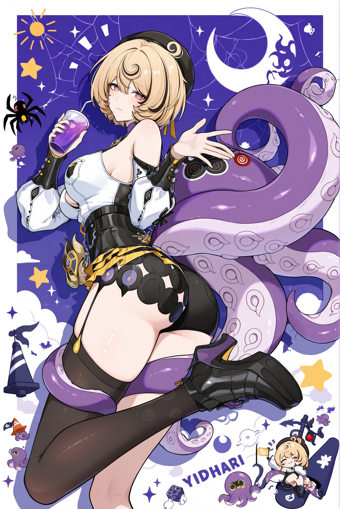 1girl,::,__artist__,year 2024,(drop shadow:1.4),(close-up:0.8),(shadow:1.2),(hands up:1.2),(border:1.2),(outside border:1.2),(hand up:1.2),(character name:1.2),from side,hand up,closed mouth,upper body,high contrast,holding cup,frown,looking at another,looking at viewer,rope,portrait,drop shadow,sparkle,^ ^,flag,moon,bug,notice lines,cloud,spider,traffic cone,star \(symbol\),circle,silk,traffic light,arrow \(symbol\),spider web,purple theme,sun,cube,crescent moon,flower,sunlight,colorful,very awa,masterpiece,best quality,newest,highres,absurdres,chibi octopus,<lora:Yidhari-will-Tanger:0.9>,Yidhari Murphy \(Zenless Zone Zero\),clothes: Yidharidef corset,Yidharidef Tentacle-like tail,Yidharidef single black garter,Yidharidef detached sleeves,Yidharidef Beret,1girl,breasts,blonde hair,black headwear, torn right  single thighhigh,short hair,black footwear,high heels,ahoge,tentacles,garter straps,bangs,from behind,ass,looking back,