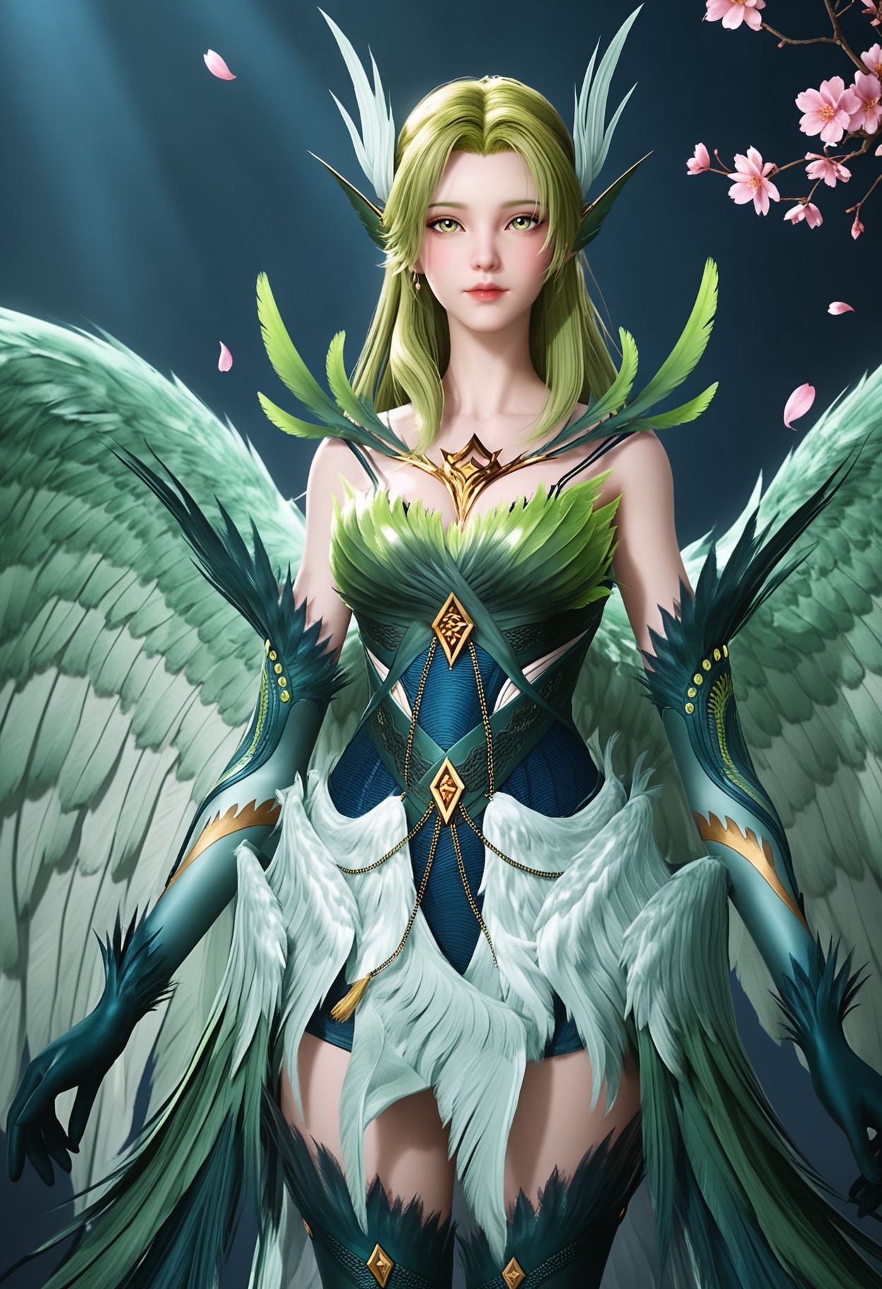 (cowboy shot:1.2),(looking at viewer:1.1),masterpiece,(best quality),smog,Dark room,dim lighting,peach blossom,falling petals,<lora:YQ_Illustrious光辉v5_碧姬_V1:0.8>,q1528437228,solo,1girl,long hair,green hair,feathers,green eyes,blonde hair,hair ornament,pointy ears,wings,gloves,dress,green wings,elbow gloves,jewelry,feathered wings,green dress,thighhighs,armor,yellow eyes,earrings,green feathers,multiple wings,