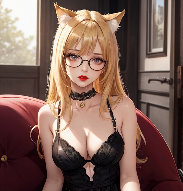 1girl,solo,long hair,breasts,looking at viewer,blonde hair,dress,animal ears,cleavage,bare shoulders,medium breasts,sitting,collarbone,parted lips,glasses,choker,indoors,cat ears,blurry,black dress,lips,head tilt,see-through,blurry background,fake animal ears,black choker,lace,realistic,round eyewear,red lips,rimless eyewear,Leaking thighs.,