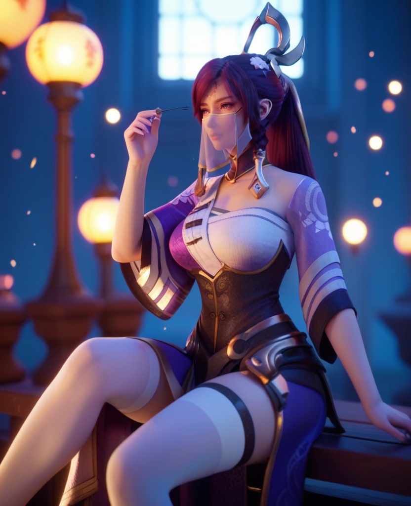 (oriental architecture, elegant decor, sophisticated style:1.1),(Sitting on a bench with one leg bent, looking relaxed,:1.1),(large breasts:1.2),<lora:XL王者荣耀伽罗:0.95>,miss jialuo,purple right side robe layered on top of white sarashi,red hair,ponytail,twin braids,hair ornament,hair tubes,detached collar,armored dress,forehead mark,bangs,purple eyes,hair flower,white thighhighs,(veil:1.1),, score_9,score_8_up,score_7_up,score_6_up,score_5_up,score_4_up,3d rendering,tag1,tag2, Cinematic Lighting,backlighting,, zPDXL3, zPDXL2,zPDXL, zPDXLxxx, zPDXLrl,