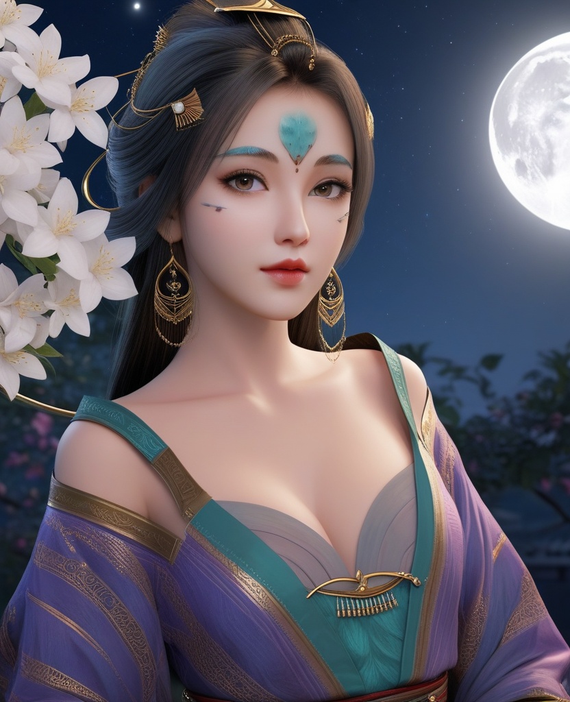 <lora:571-DA-XL-眷思量-奉眠:0.8>(,1girl, ,best quality, ),looking at viewer,  ,,ultra detailed background,ultra detailed background,ultra realistic 8k cg, ,masterpiece, (( , )),, realistic,science fiction,mole, ultra realistic 8k cg, ,     ,crescent moon, jasmine \(flower\),     (cleavage), (),