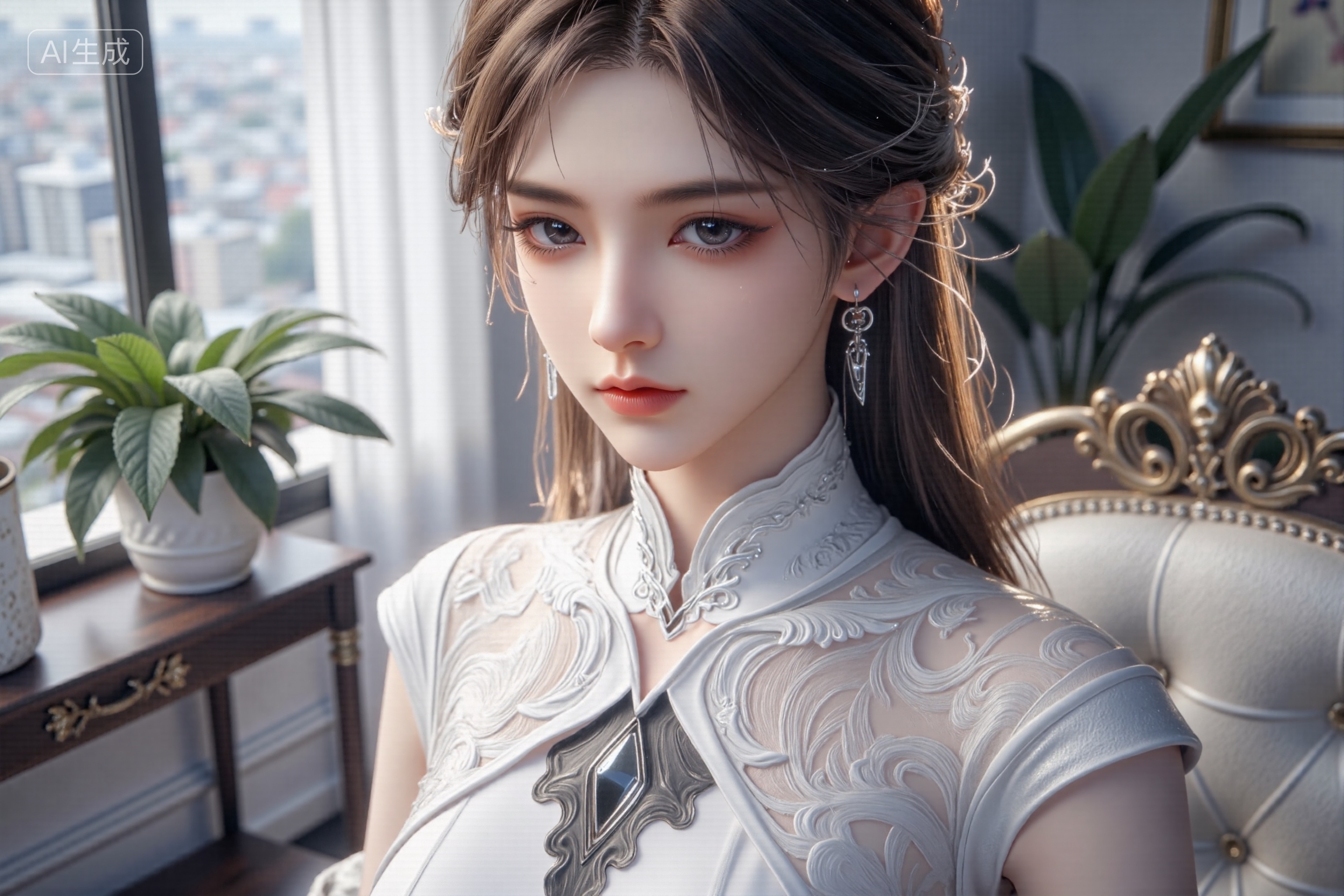 SK-Zqinghan,8k,CG,UHD,HDR,masterpiece,best quality,CGI illustration,official art,high resolution,((finely detail)),very fine CG,((extremely detailed)),extremely detailed CG unity 8k wallpaper,ultra-detailed,an extremely delicate and beautiful,((solo:1.5)),(Perfect body structure:1.3),Cinematic Lighting,((large breasts:1.5)),(Crystal skin),colorful:1.2,(crystal_texture_skin:1.2),(highly detailed CG illustration),(Vivid Colors:1.1):1.4,(extremely detailed CG:1.2),soft lighting and shadow,soft yet striking lighting,(skin pores:1.1),(perfect face:1.2),perfect lighting,(detailed skin texture:1),Low Key:1.1,depth of field,Detailed face,(huge breasts:1.4),ray tracing,(perfect anatomy:1.2),official art,(high detailed skin),(Good structure),original,(illustration:1),close-up of character,sexy,absurdres,1girl,gem,earring,(brown hair),Giant chest:1.5,long hair,looking at viewer,blurry background,motion blur,breasts,This is a highly detailed digital artwork,The dress features a plunging neckline that reveals a hint of cleavage,plant,(full body),Dynamic expression,beautiful detailed eyes,(long legs:1.1),CG rendering,perfect body,sharp focus,(legs),nature,32K UHD,ultra high definition details,Ultra High Definition,A one-of-a-kind beauty,3D rendered anime style,dress,makeup,slender legs,indoors,table,curtain,window,potted plant,ear,red wine,, Negative prompt: (worst quality, low quality:2),monochrome,zombie,overexposure,watermark,text,bad anatomy,bad hand,extra hands,((extra fingers)),too many fingers,fused fingers,((bad fingers)),bad arm,distorted arm,((extra arms)),fused arms,extra legs,missing leg,disembodied leg,extra nipples,detached arm,liquid hand,inverted hand,disembodied limb,small breasts,loli,oversized head,extra body,completely nude,extra navel,EasyNegative,(hair between eyes),sketch,duplicate,ugly,huge eyes,text,logo,worst face,(blurry:2),horror,geometry,bad_prompt,(bad hands),(missing fingers),multiple limbs,bad anatomy,(interlocked fingers:1.2),Ugly Fingers,(extra digit and hands and fingers and legs and arms:1.4),(deformed fingers:1.2),(long fingers:1.2),bad-artist,bad hand,extra legs,(ng_deepnegative_v1_75t),(badhandv4:1.2),(By bad artist -neg),(bad-picture-chill-75v),nsfw,exposed breasts,exposed nipples,,nsfw, Steps: 60, Sampler: Euler, CFG scale: 5.5, Seed: 1528210855, Size: 1536x1024, Model hash: 450cacfcef, Model: ZOZ_极致逼真人像_玄墨_V1.0.safetensors, Denoising strength: 0.3, RNG: CPU, Lora 1: 20260118-1768737742273-0010, Lora Hash 1: 1b1553f4fc, Lora Weight 1: 0.8, vae_name: automatic, Hires resize: 3072x2048, Hires steps: 30, Hires upscaler: 4x-UltraSharp