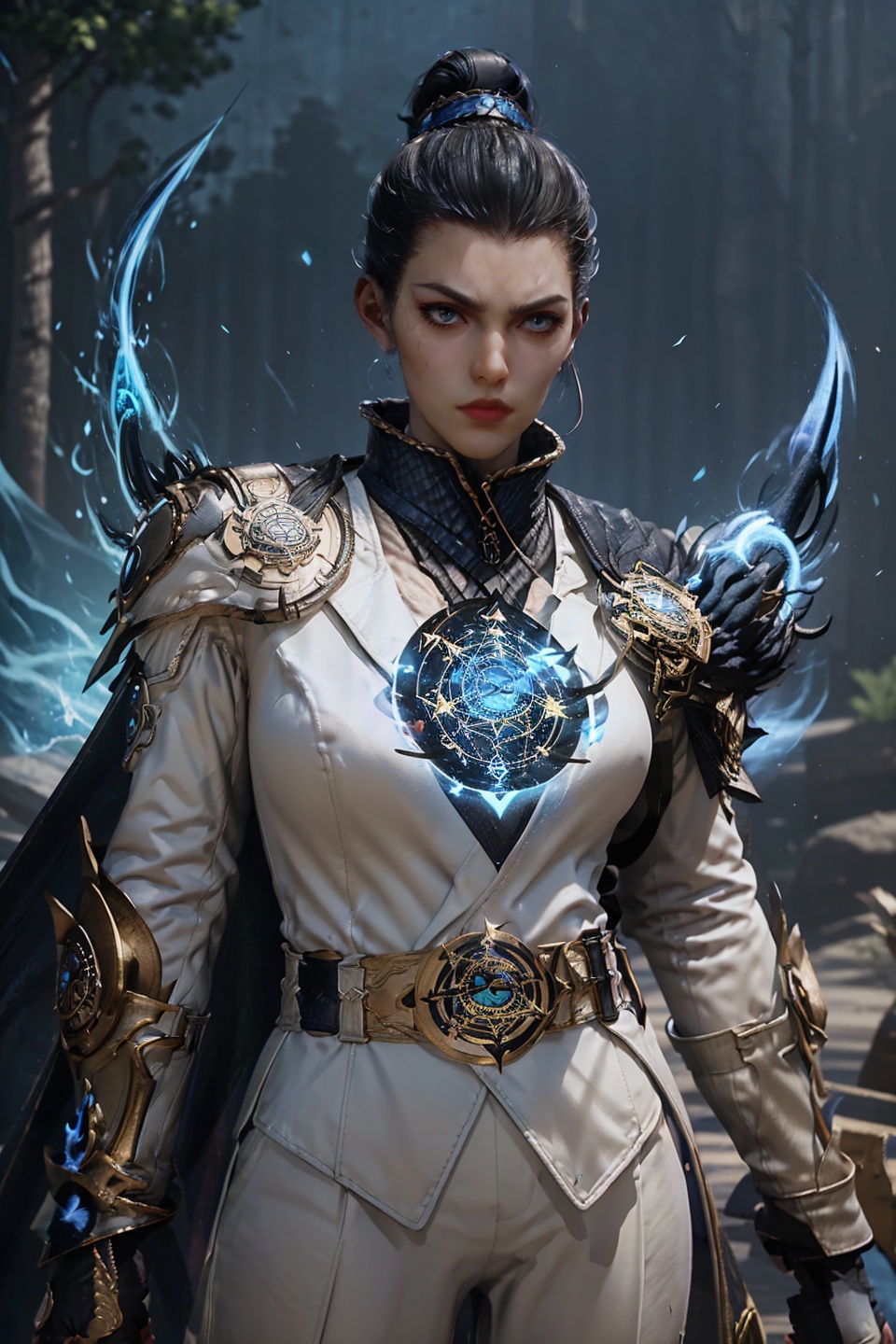 1girl,solo,big eyes,forehead,red lips,serious,(stare),black hair,(single hair bun),hair ornament,jewelry,suit,long sleeves,(long cape),chainmail,(armor:1.2),(arm armor:1.2),shoulder armor,plume,belt,pants,gloves,plume,belt,pants,(looking at viewer),(photoshop \(medium\):1.1),(fire),((blue fire:1.5)),magic,(magic circle:1.5),(blue magic circle:1.5),(night:1.2),(outdoors),3d,game cg,(Cinematic Lighting),(skin gloss),(perfect skin),Highly detailed,(ultra-detailed),hatching \(texture\),(8k,best quality,huge filesize,masterpiece:1.5),<lora:斗罗大陆2-仙琳儿:0.65>,<lora:细节调整2.0:0>,<lora:魔法阵:0.5>,