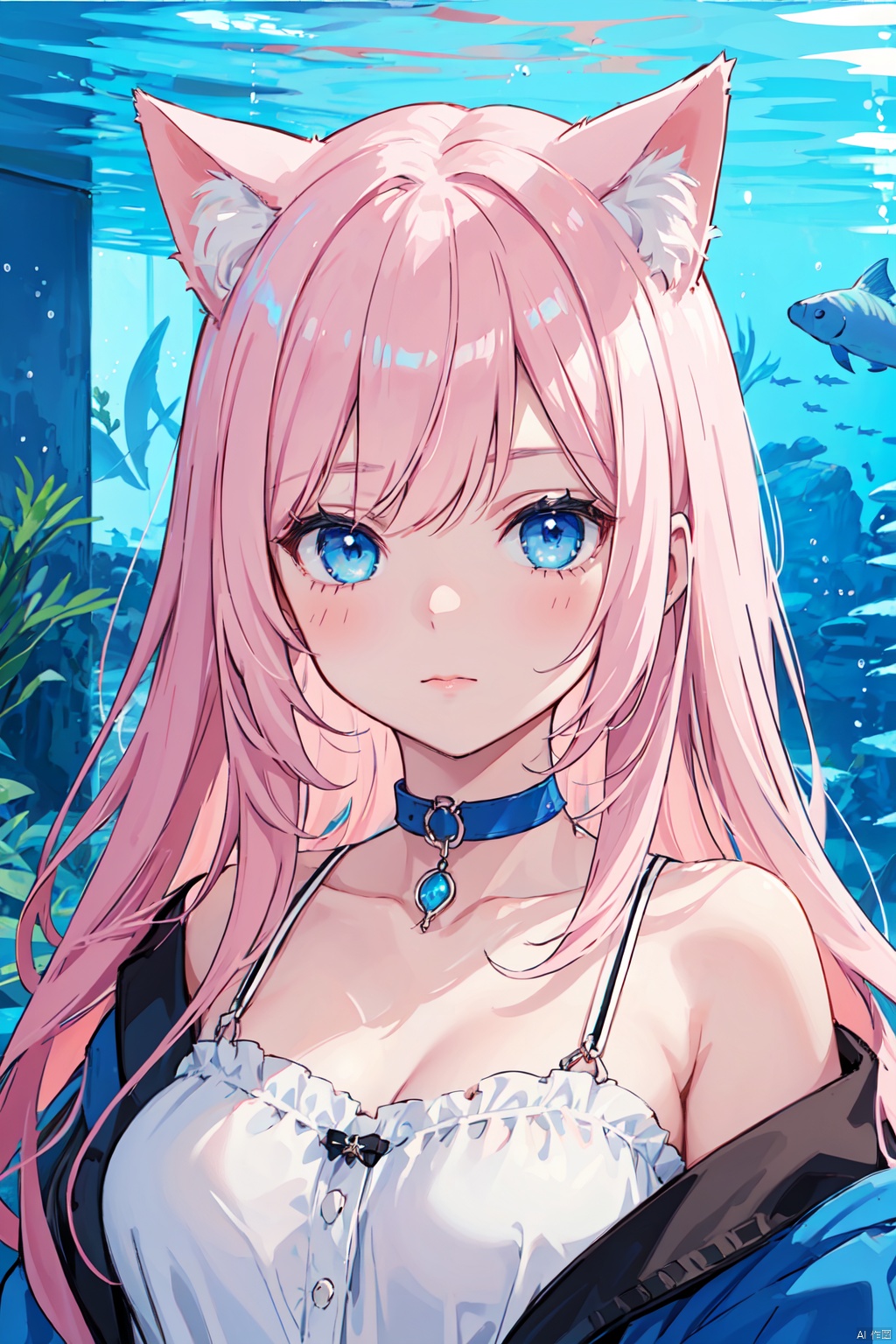 choker,1girl,long hair,light pinkhair,cat ears,blue eyes,landmine fashion coordinate,aquarium date,girl's Friend,add_detail:1, add_detail:0, add_detail:0.5,blue theme, scenery, phblue