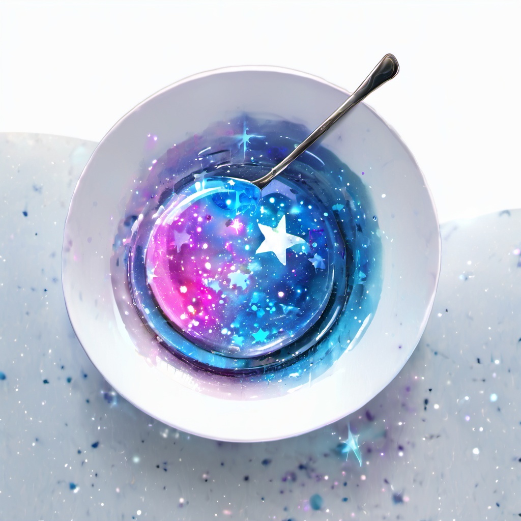 <lora:star_xl_v2:1>,a bowl with a spoon inside of it with a star design on it and a spoon in the bowl, simple background, white background, food, sky, no humans, fruit, star \(sky\), plate, starry sky, spoon, food focus, still life, dessert, galaxy, night sky, reflection, saucer, The image showcases a bowl containing a gelatinous substance that has been artistically designed to resemble a galaxy. The substance is vibrant with hues of blue, purple, and pink, with shimmering specks that mimic stars. A spoon is placed next to the bowl, suggesting that the substance is ready to be consumed. The background is plain white, which accentuates the vivid colors of the galaxy-like substance., bowl, gelatinous substance, hues of blue, pink, shimmering specks, background