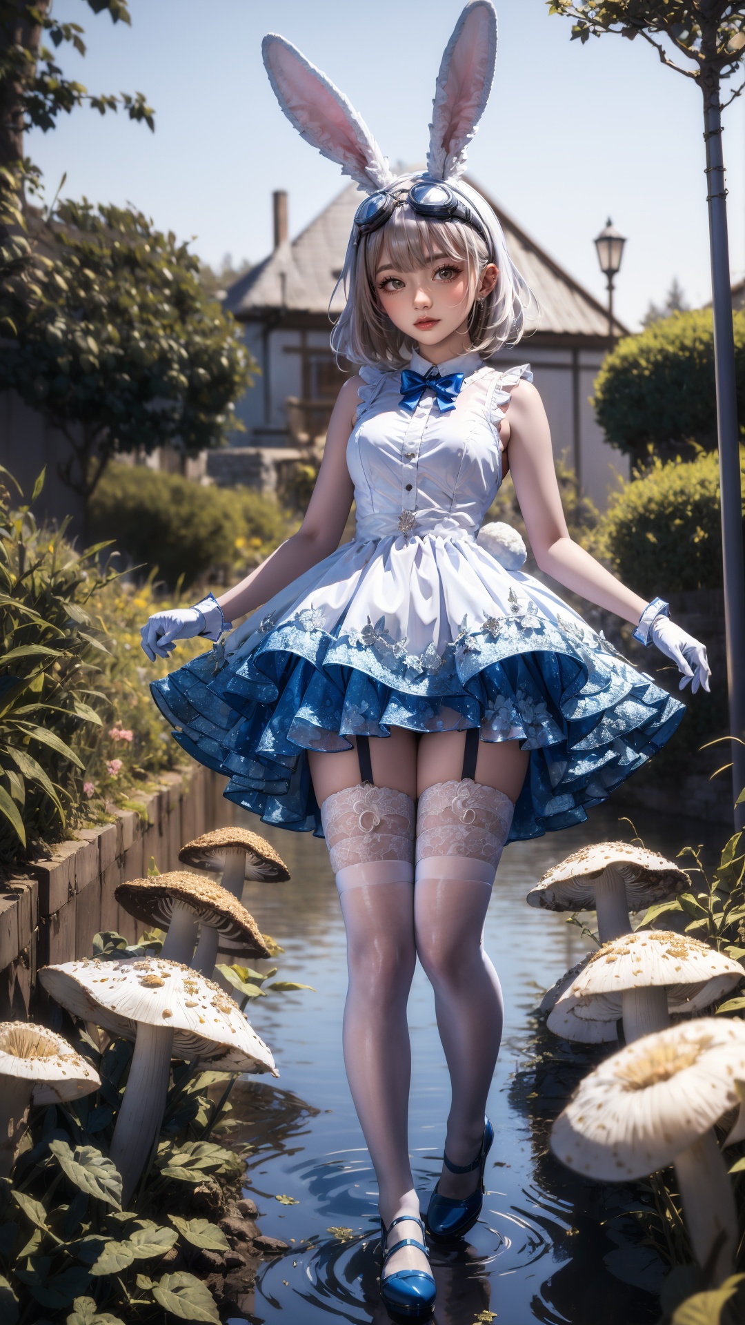 tutututu,1girl,solo,rabbit ears,white dress,white gloves,blue footwear,goggles on head,sleeveless dress,bangs,blue bow,white hair,short hair,white thighhighs,<lora:SY-000010:0.65>,***** Alice in wonderland standing in stream,large mushrooms in background,highly detailed,Beautiful lighting,photoreal,4k,depth of field,night scene,light from godrays shining on ground,
