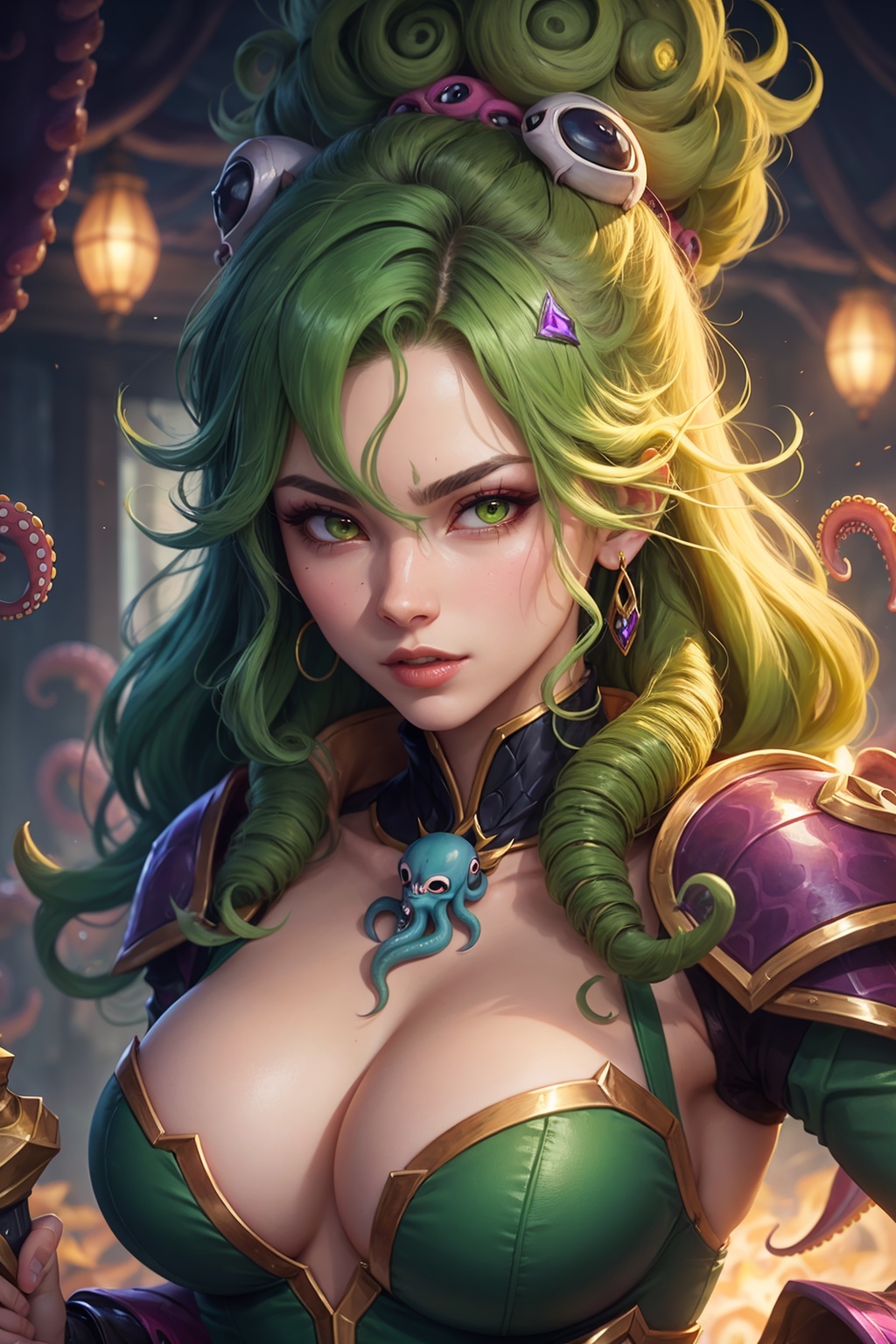 ((best quality)), ((masterpiece)), (detailed), woman with green hair, holding a sword, (octopus goddess:1.3), close-up portrait, goddess skull, (Senna from League of Legends:1.1), (Tatsumaki with green curly hair:1.2), card game illustration, thick brush, HD anime wallpaper, (Akali from League of Legends:1.1), 8k resolution, (rating_explicit), (score_9, score_8_up, score_7_up, score_6_up, score_5_up, score_4_up, high res, 4k)
