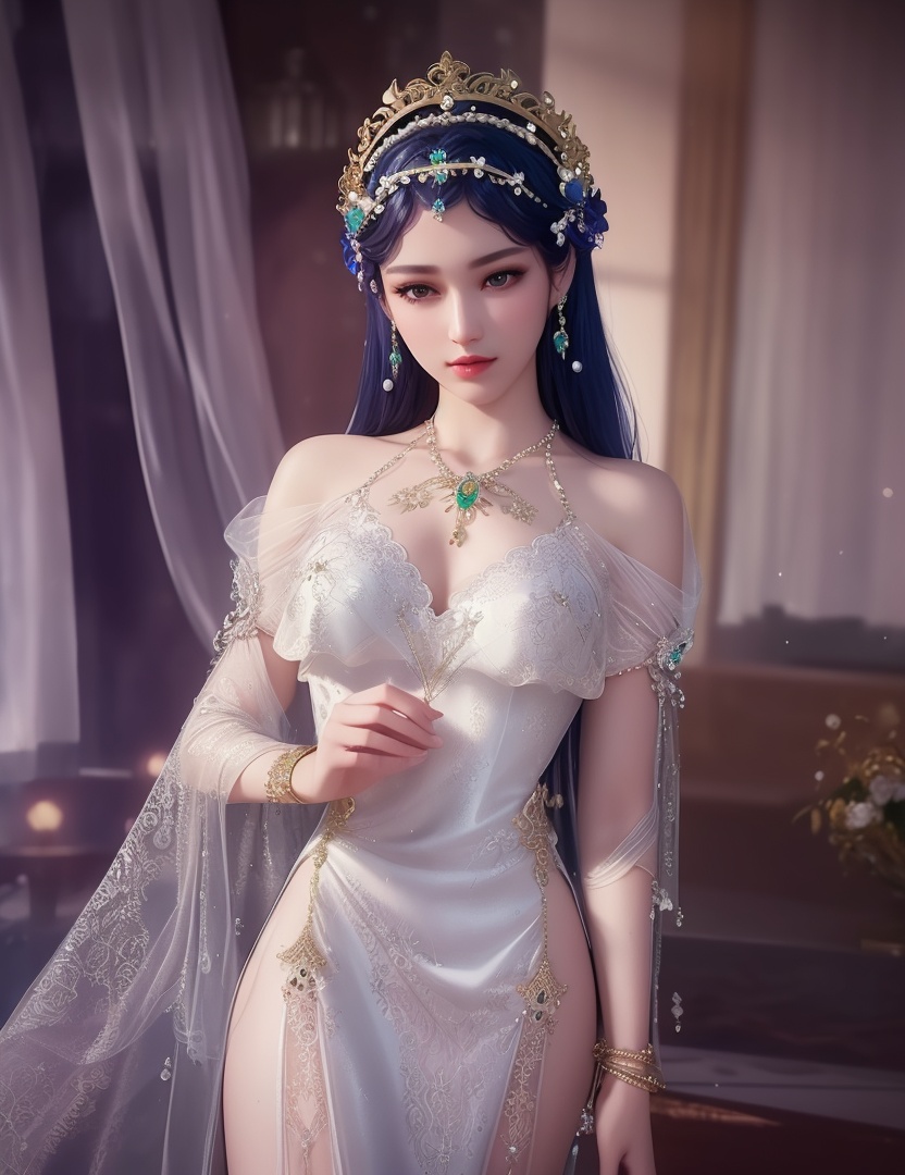 ultra realistic 8k cg, picture-perfect face, flawless, clean, masterpiece, professional artwork, famous artwork, cinematic lighting, cinematic bloom, perfect face, beautiful face, fantasy, dreamlike, unreal, science fiction,  beautiful clothes, lace, lace trim, lace-trimmed legwear,  (rich:1.4), prestige, luxury, jewelry, diamond, gold, pearl, gem, sapphire, ruby, emerald, intricate detail, delicate pattern, charming, alluring, seductive, erotic, enchanting, hair ornament, necklace, earrings, bracelet, armlet,halo((,1girl, pov,))(((,  1girl,  solo,looking at viewer, ))),(((1girl, solo, dress, jewelry)))<lora:DA_WhiteSnakeGreenSnake:0.7>
