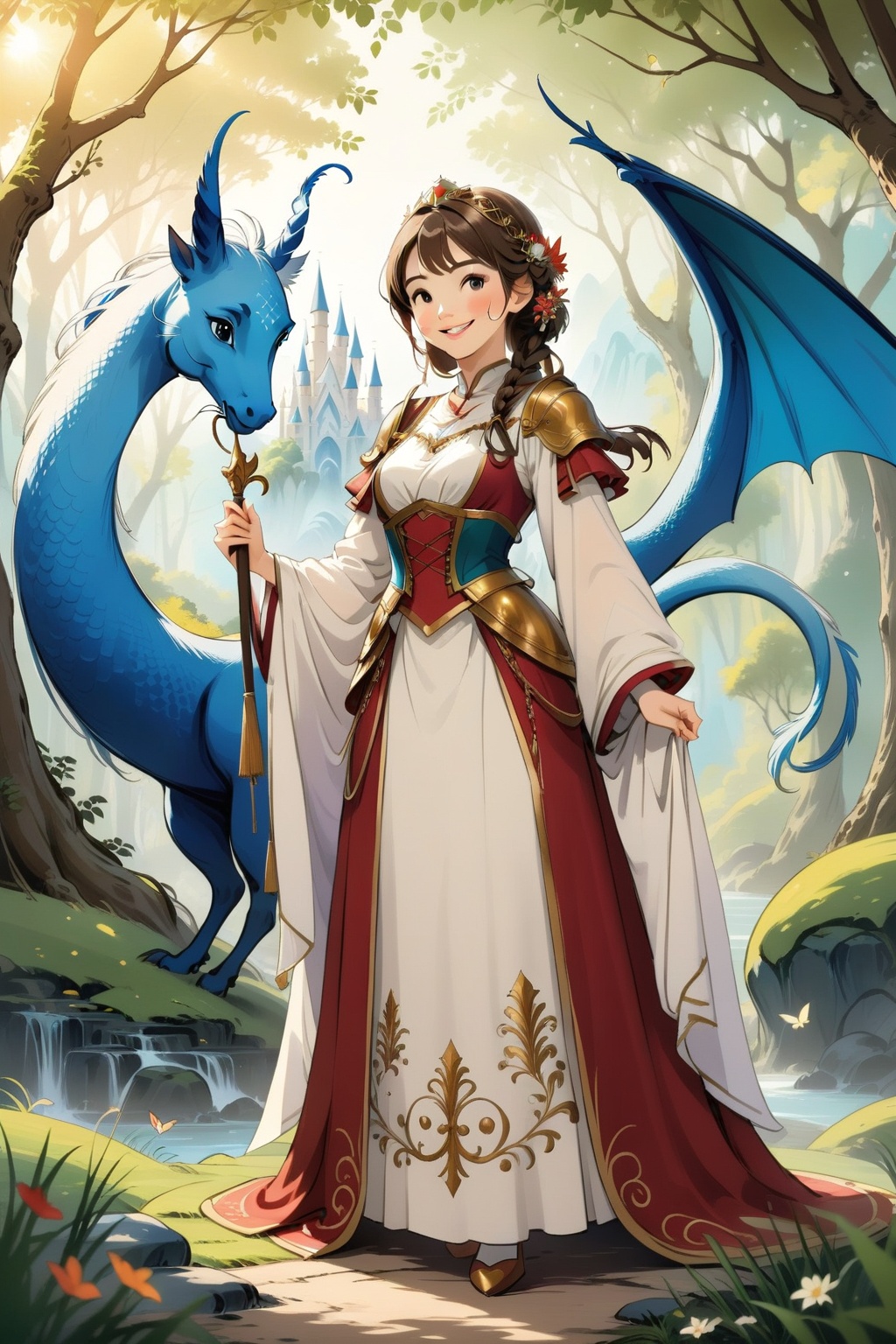 a maiden in a lovely costume,smiling and standing in front of a background full of fantasy elements,