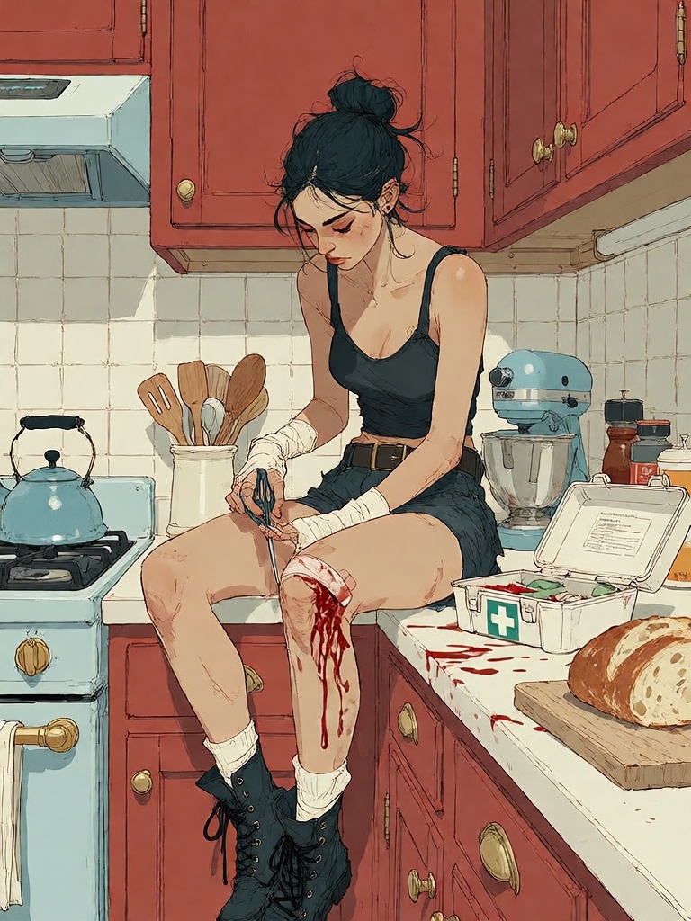 Bradhamel art style. A young woman with dark hair tied in a bun,  wearing a black **** top and shorts with combat boots,...