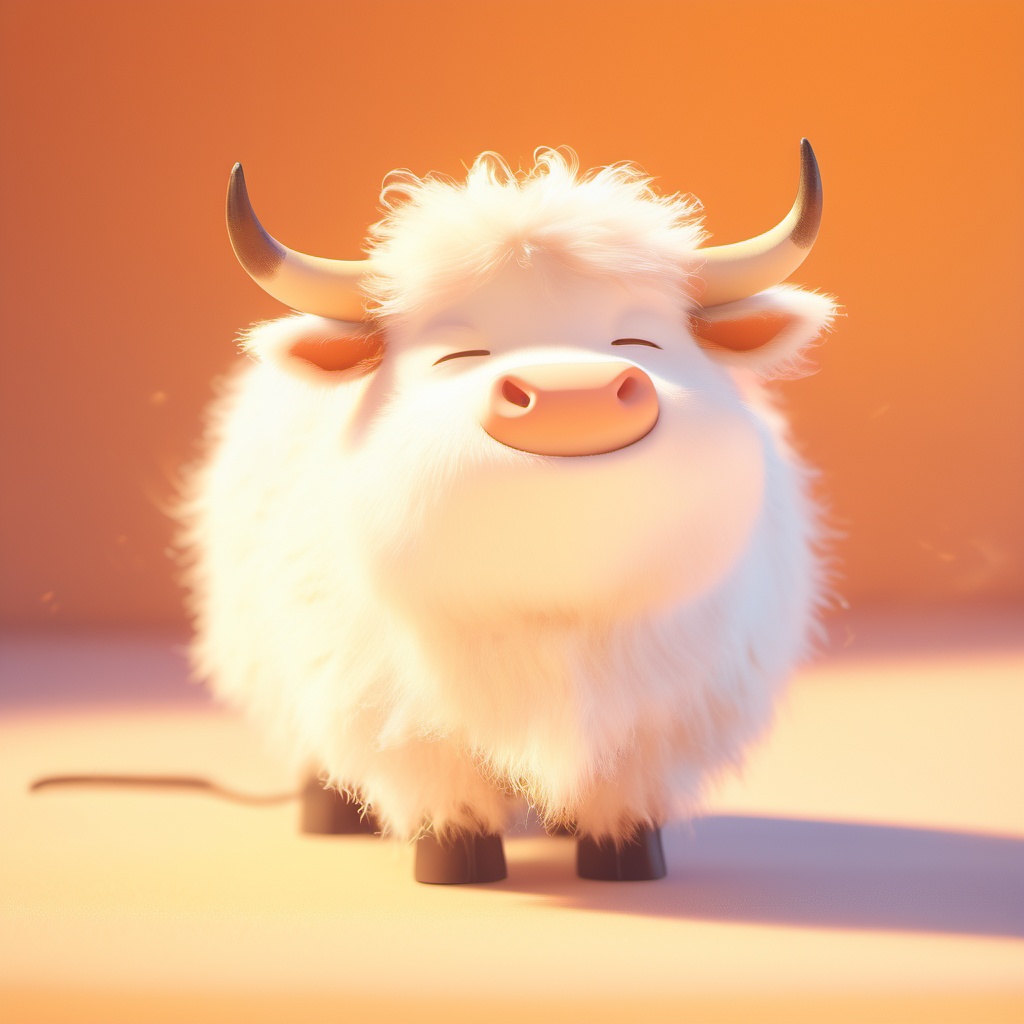 chouniu,cow,soft lighting,^ ^,cc-color-correction,whimsy and dramatic lighting,white fur,warm colors,mf-movie-filter,cute,no humans,solo,closed eyes,fluffy,full body,cow focus,horns,cow tail,standing,orange background,facing viewer,closed mouth,tail,cow horns,simple background,<lora:chouniu_xl_v2:0.6>,