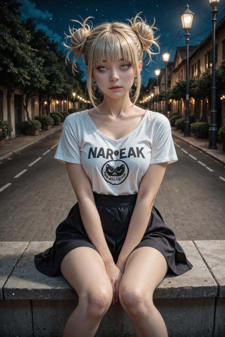 1girl, toga himiko, (real life:1.6), lamppost, double bun, hair bun, solo, looking at viewer, sitting, blonde hair, night, white shirt, shirt, outdoors, blunt bangs, earrings, short sleeves, yellow eyes, jewelry, sidelocks, collarbone, messy hair, between legs, breasts, bags under eyes, hand between legs, skirt, parted lips, slit pupils, medium breasts, building, straight-on, sanpaku, night sky, shorts, tsurime, narrowed eyes, feet out of frame, black skirt, (realistic:1.4), (photorealistic:1.4), (photo background:1.4), (real life insert:1.4),(masterpiece:1.6), (best quality:1.6), (newest:1.6), (cosplay photo:1.4), (absurdres:1.6), (highres:1.6)