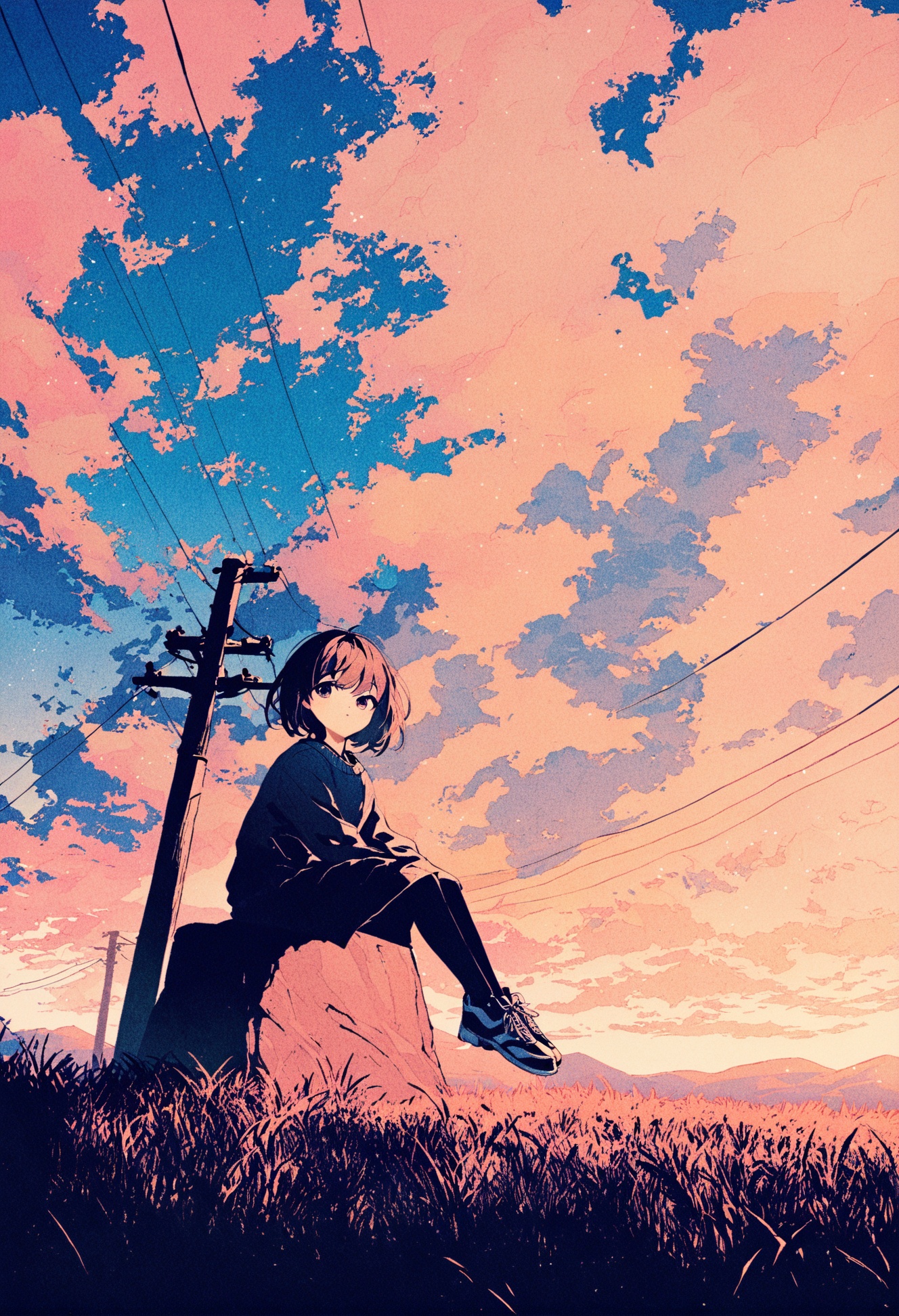 masterpiece, best quality,solo, short hair, looking at viewer, 1girl, closed mouth, upper body, abstract, bangs, monochrome ,outdoors, grass, sky, scenery, cloud, solo, sitting, power lines, tree, sunset, utility pole, shoes, cloudy sky, long sleeves, blue sky, fence, wide shot, day, building ,<lora:potgXLlokr4f-000143:1> <lora:sd_xl_dpo_lora_v1-128dim:1>