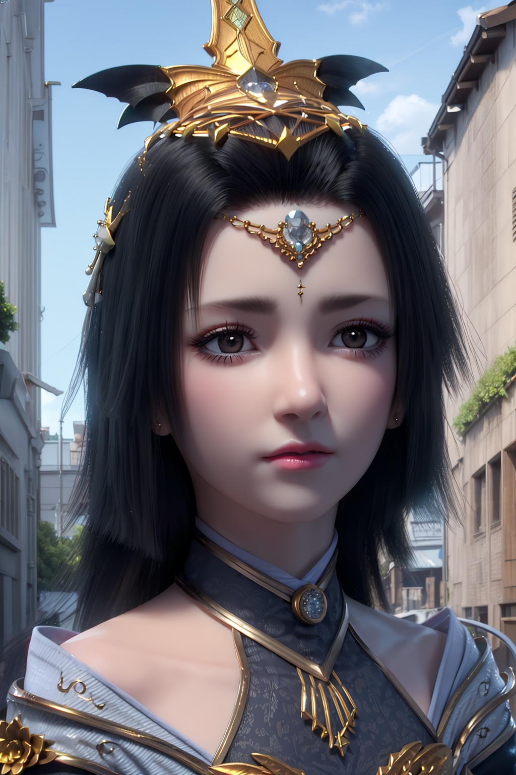 3D,masterpiece,(best quality),(makeup),official art, extremely detailed cg 8k wallpaper,((crystalstexture skin)), (extremely delicate and beautiful),(highly detailed),(face),(collar),(tiara),(crown),(headdress),(1girl), (solo), (jewelry), (earrings),(black_hair),(long_hair),(hair_ornament),(handwear),((small_breasts)),(portrait),(dress),(shiny_clothes),(city,outdoor),((looking_at_viewer)),((Facing the camera)),, <lora:hipoly3DModelLora_v10:0.3>