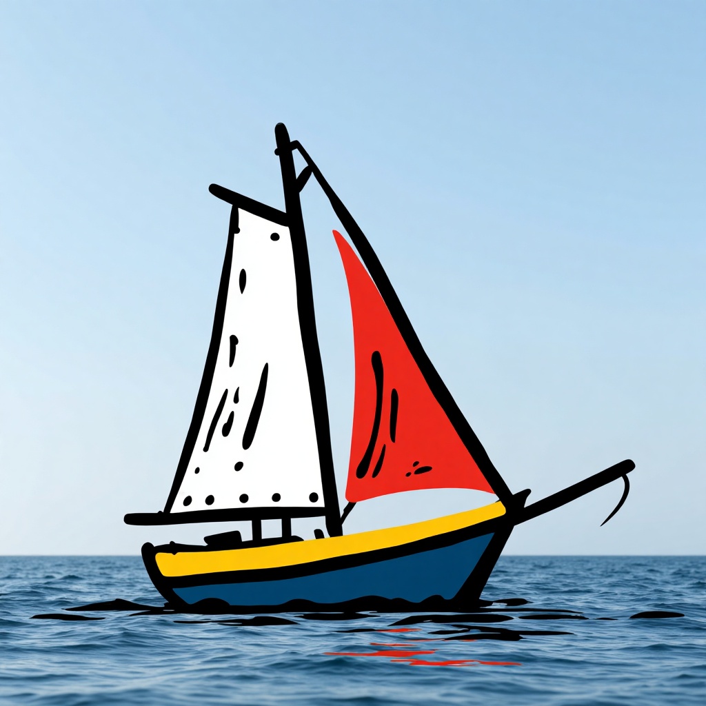 beijihui,A cartoon sailboat is sailing on the sea. The background displays a real photo of the ocean,