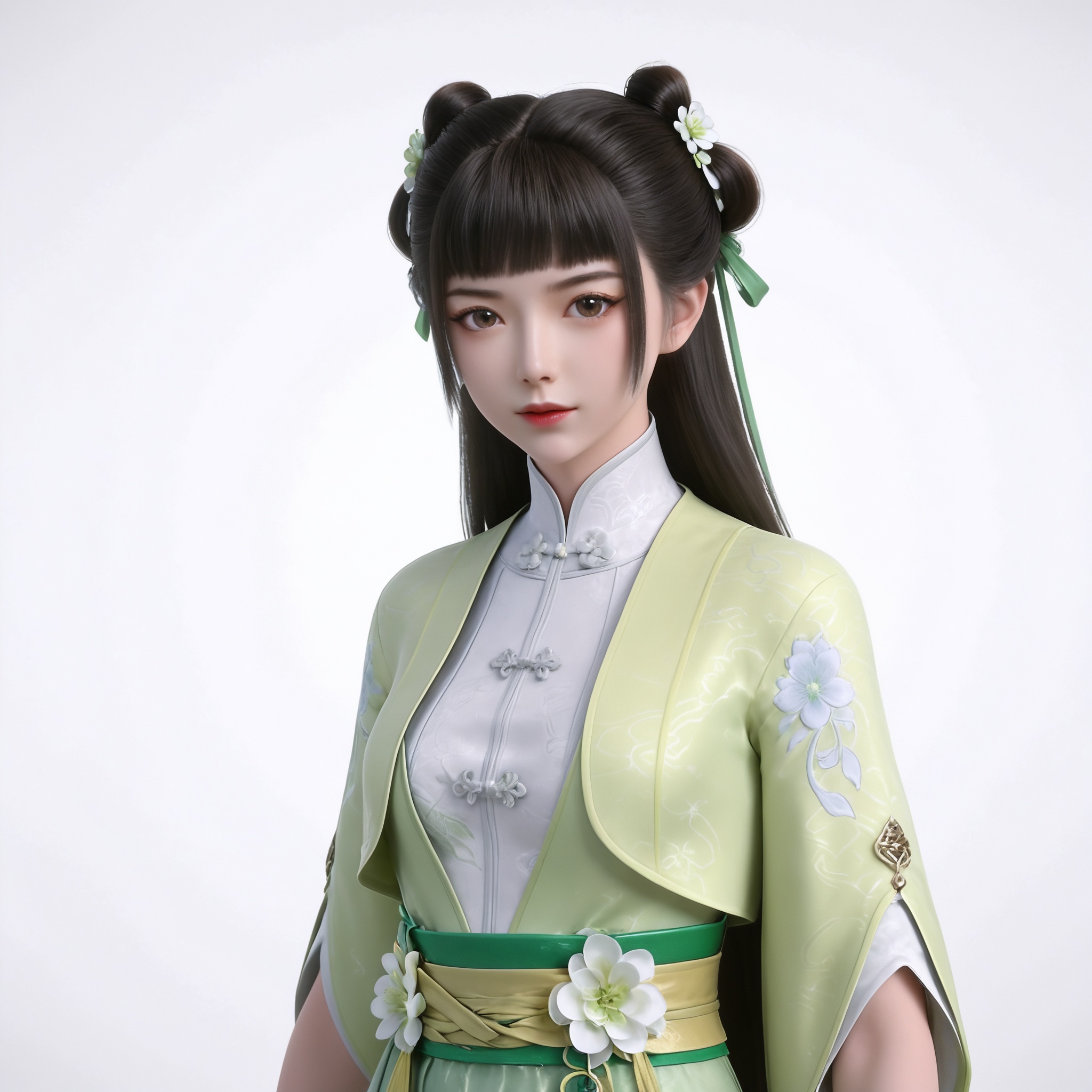 <lora:逆天邪神-萧泠汐Pony:0.7> 1girl, long hair, hair bun,double bun, black hair, hair flower, hair rings, brown eyes,, chinese clothes, green dress,white dress, , bracelet, sash,white socks, green footwear,, realistic style,white background,upper body,looking at viewer,dynamic posture,