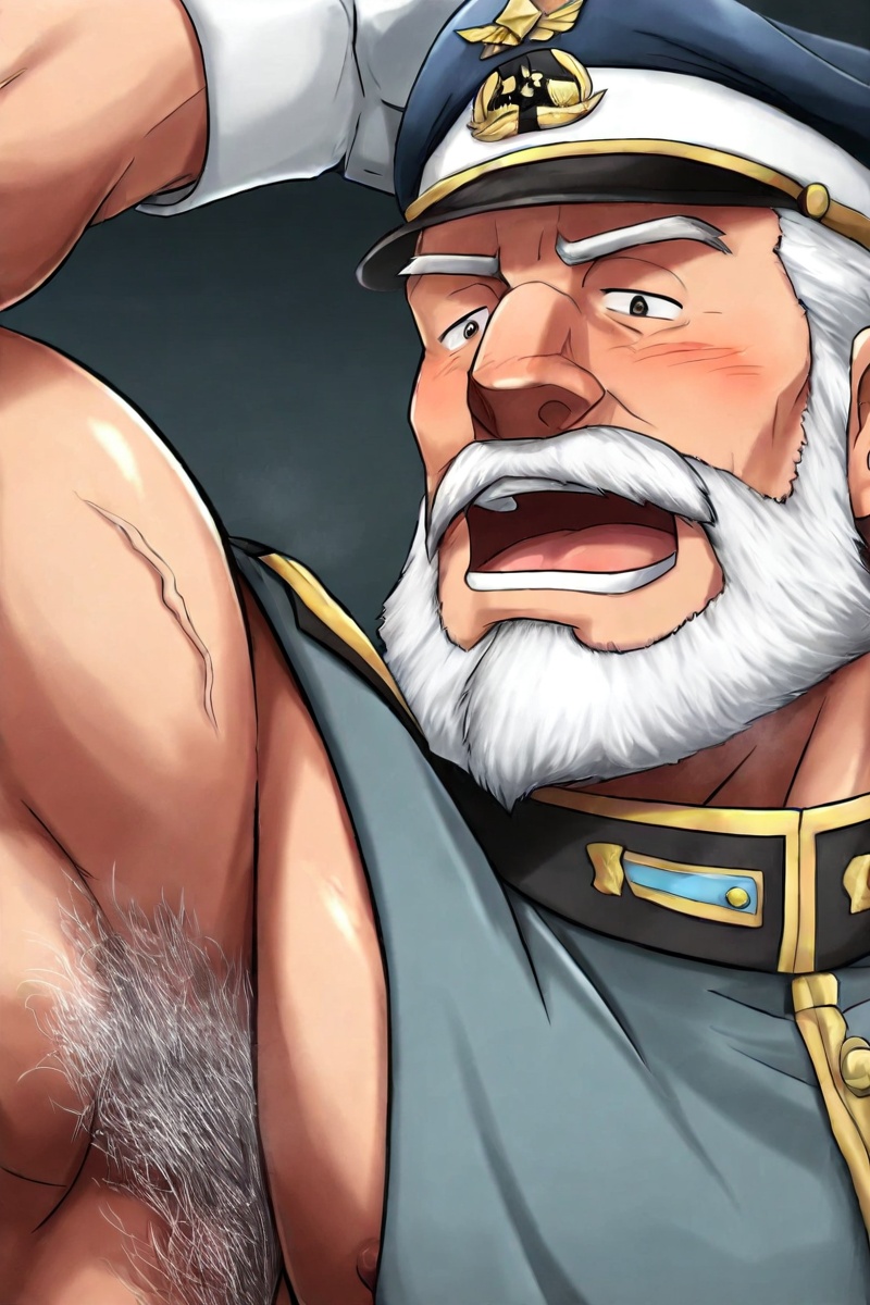 1boy,armpits,beard,blush,facial hair,hairy,hat,head portrait,male focus,mature male,military,muscular,muscular male,mustache,old man,open mouth,peaked cap,portrait,solo,uniform,white hair,