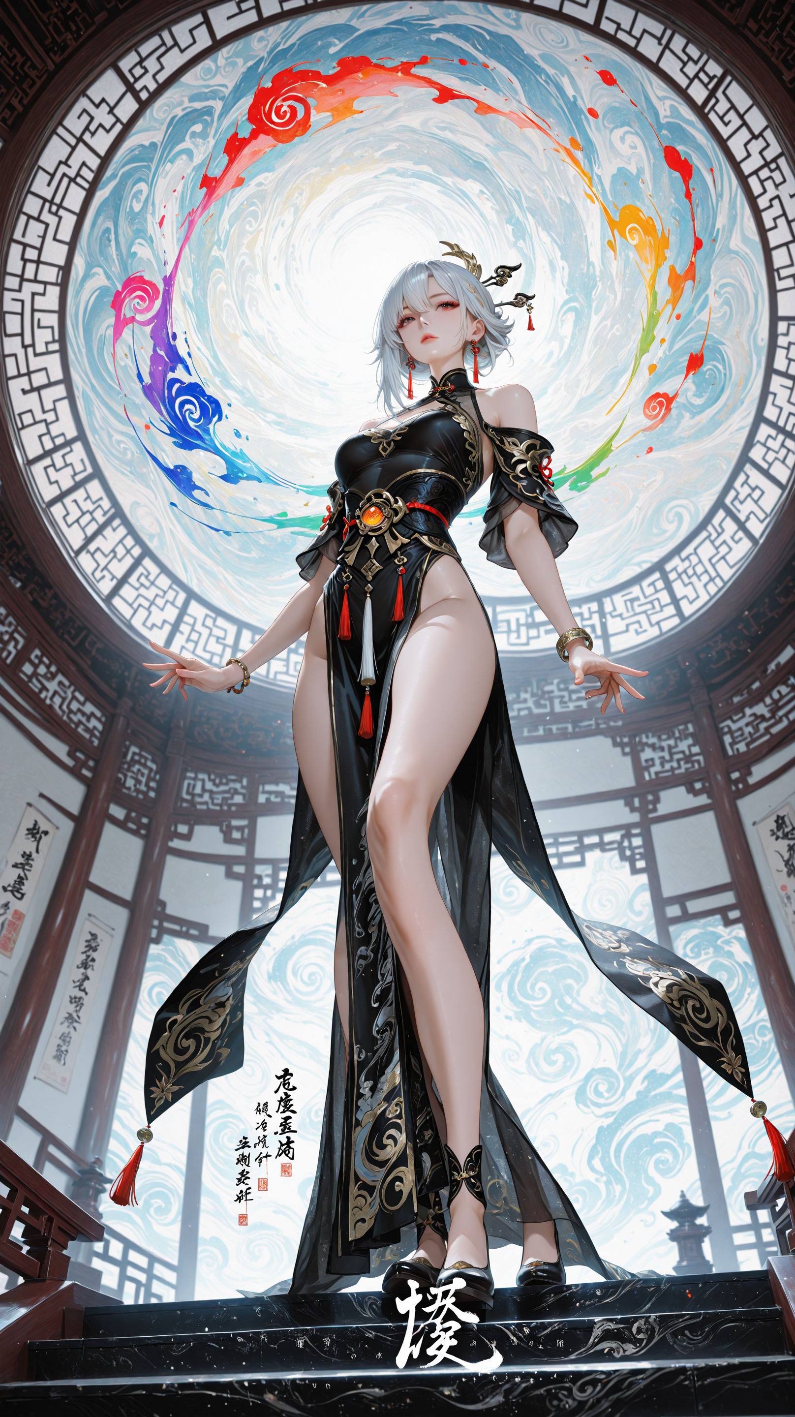 Chinese standing in the air and writing calligraphy,  floating glass Chinese characters,  dynamic action style on Tensor.Art