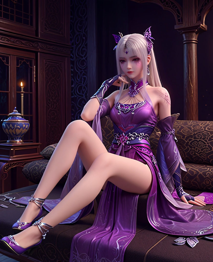 (oriental architecture, elegant decor, sophisticated style:1.1),(Sitting, one hand on the chin, looking contemplative,:1.1),(breasts:1.2),<lora:XL斗破苍穹小医仙P:0.85>,elder sister,purple dress,white hair,bangs,hair ornament,bare shoulders,brown eyes,purple veil,jewelry,fingerless gloves,blue footwear,sash,(facial tattoo:1.2),(cracked skin:1.2),purple eyes,, score_9,score_8_up,score_7_up,score_6_up,score_5_up,score_4_up,3d rendering,tag1,tag2, Cinematic Lighting,backlighting,