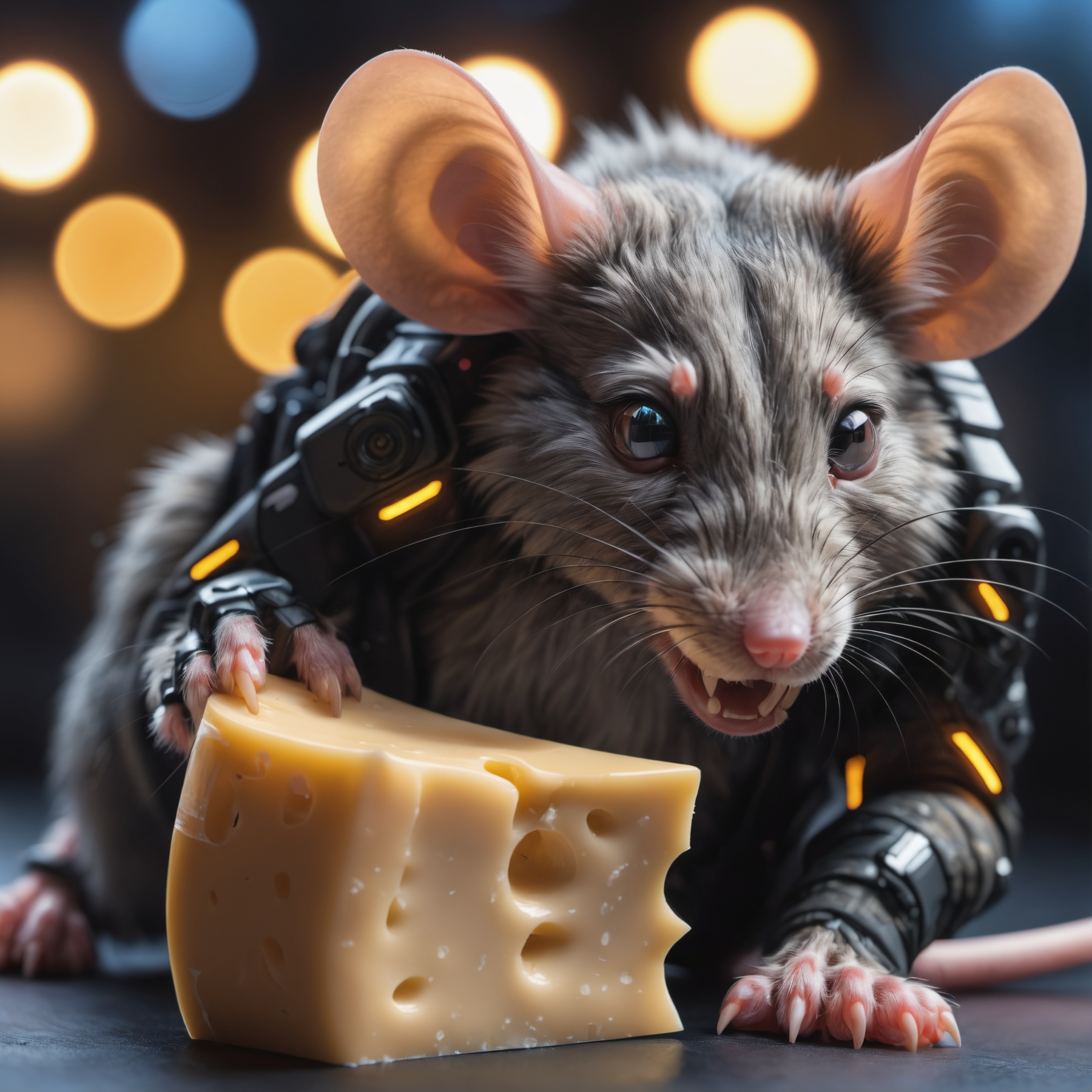 closeup photo of a cyberpunk mouse it eating cheese,  detailed realistic fur,  paws on Tensor.Art
