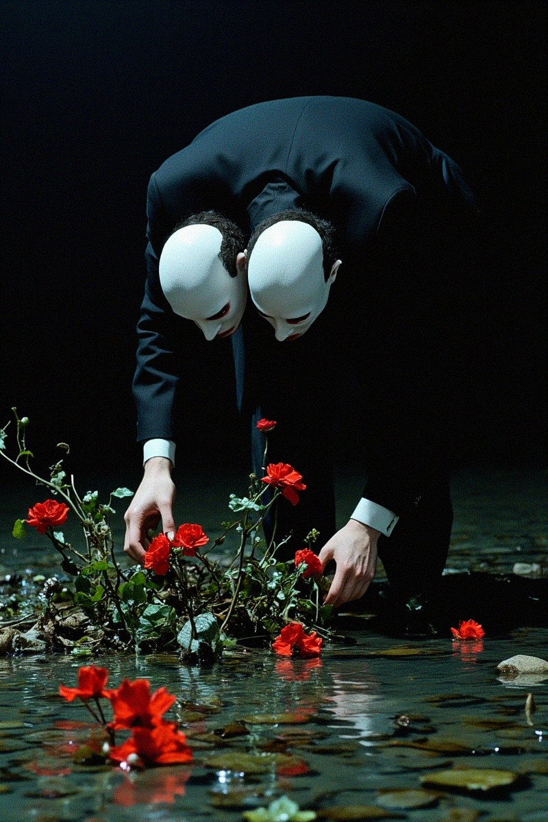 GSL,<lora:Fulan_guishilu_merjic_F.1:0.8>,surrealist Grotesque photography,A figure in a black suit and a white mask, with two side-by-side heads, bends down to pick red flowers from the water, against a deep, dimly lit background