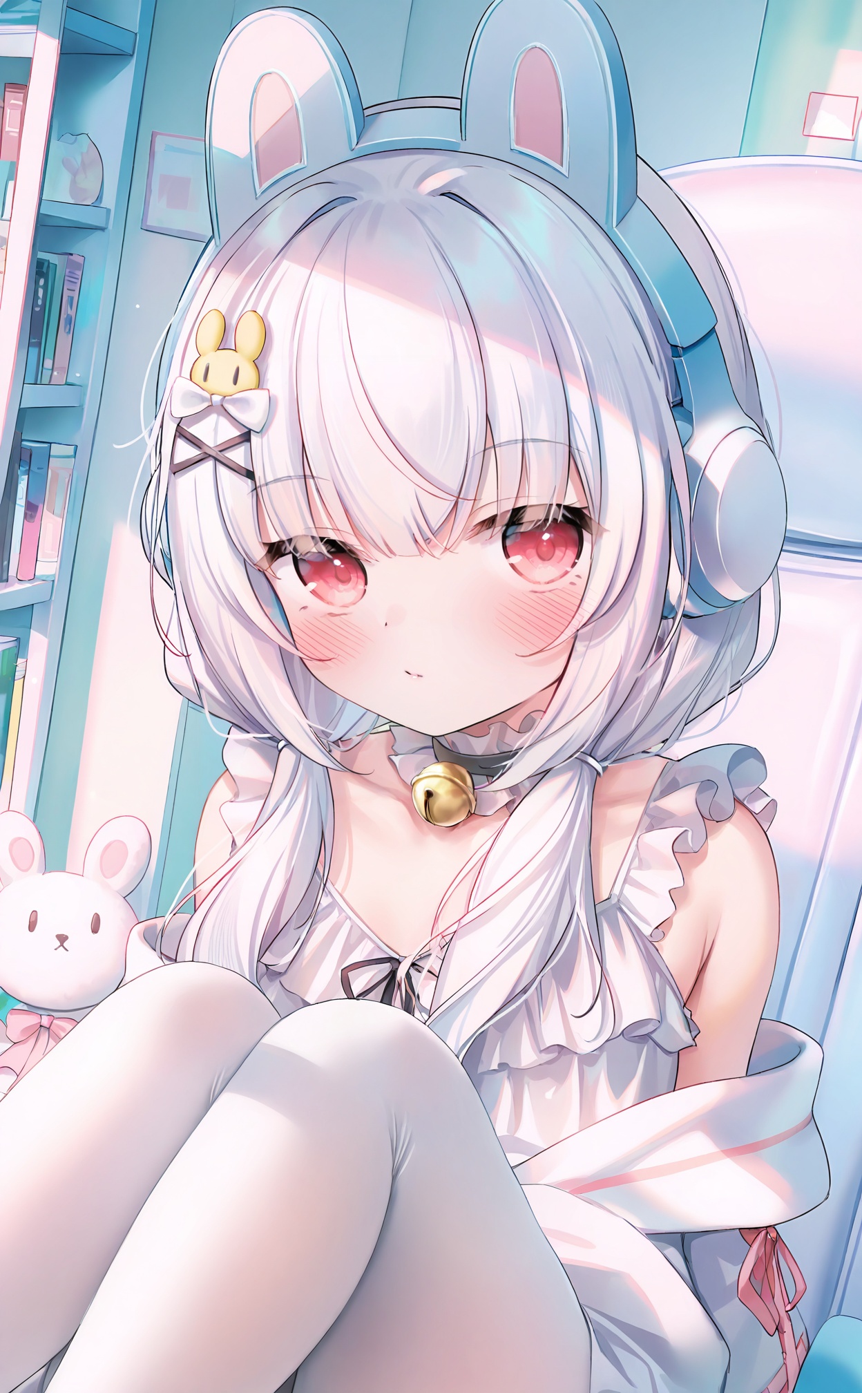 masterpiece,highres,absurdres,newest,best quality,loli,petite,high quality,chromatic_aberration,//,1girl,solo,headphones,animal_ear_headphones,white_pantyhose,fake_animal_ears,rabbit_hair_ornament,animal_ears,red_eyes,long_hair,knees_up,twintails,sitting,low_twintails,looking_at_viewer,frills,white_hair,pantyhose,closed_mouth,swivel_chair,hair_ornament,blush,bell,hair_bow,x_hair_ornament,bow,indoors,rabbit_ears,bag,neck_bell,choker,sleeveless,on_chair,off_shoulder,white_dress,black_choker,hairclip,jingle_bell,collarbone,bare_shoulders,chair,white_bow,office_chair,hair_over_shoulder,dress,bookshelf,hair_between_eyes,box,stuffed_rabbit,frilled_choker,frilled_dress,sleeveless_dress,feet_out_of_frame,book,stuffed_toy,white_camisole,collar,//,<lora:guizhencao2——【noob】hans-000008:1>,