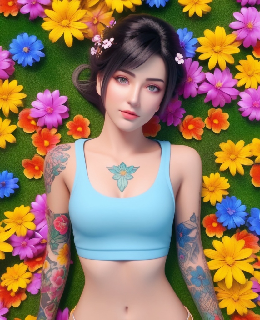 <lora:578-DA-XL-斗破苍穹-小医仙:0.8>(,1girl, ,best quality, ),looking at viewer,  ,,ultra detailed background,ultra detailed background,ultra realistic 8k cg,, ,masterpiece, (( , )),ultra realistic 8k cgSurrounded by strange, movie perspective, advertising style, Colorful background, splash of color A beautiful woman with delicate facial features,tattoo all over body, flower arms,from above,