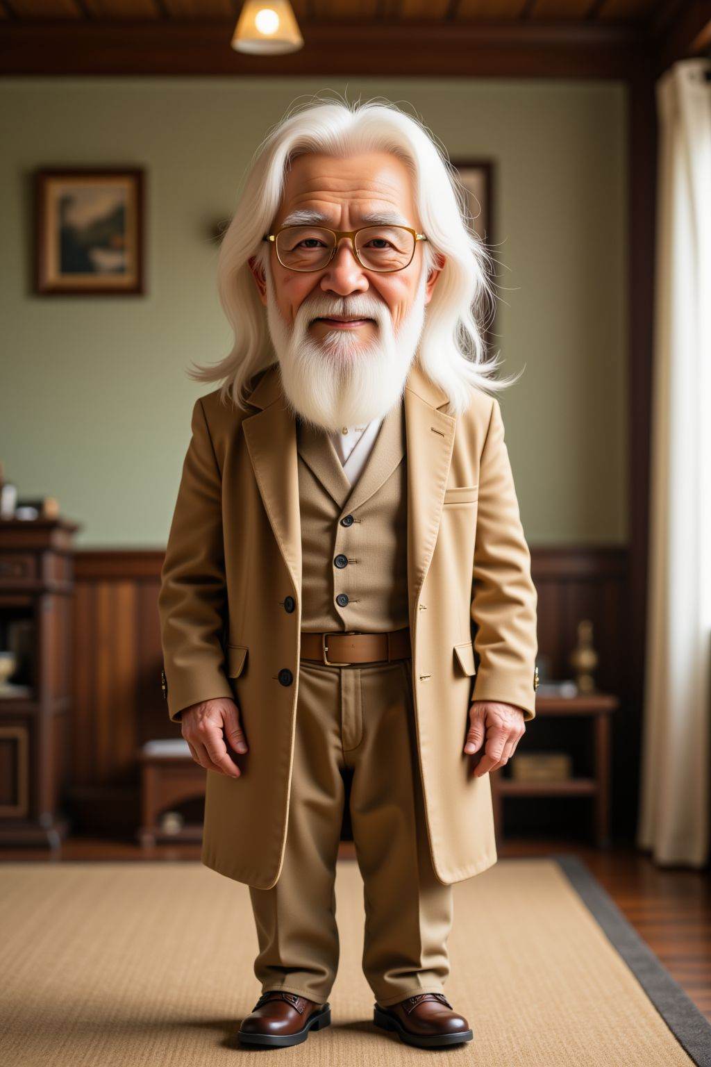 <lora:20250503_AgainCharactersF1Lora:1>, The image is a high-resolution photograph featuring a old man,solo,looking at viewer,long hair,standing,full body,clothes,indoors,realistic,chibi,