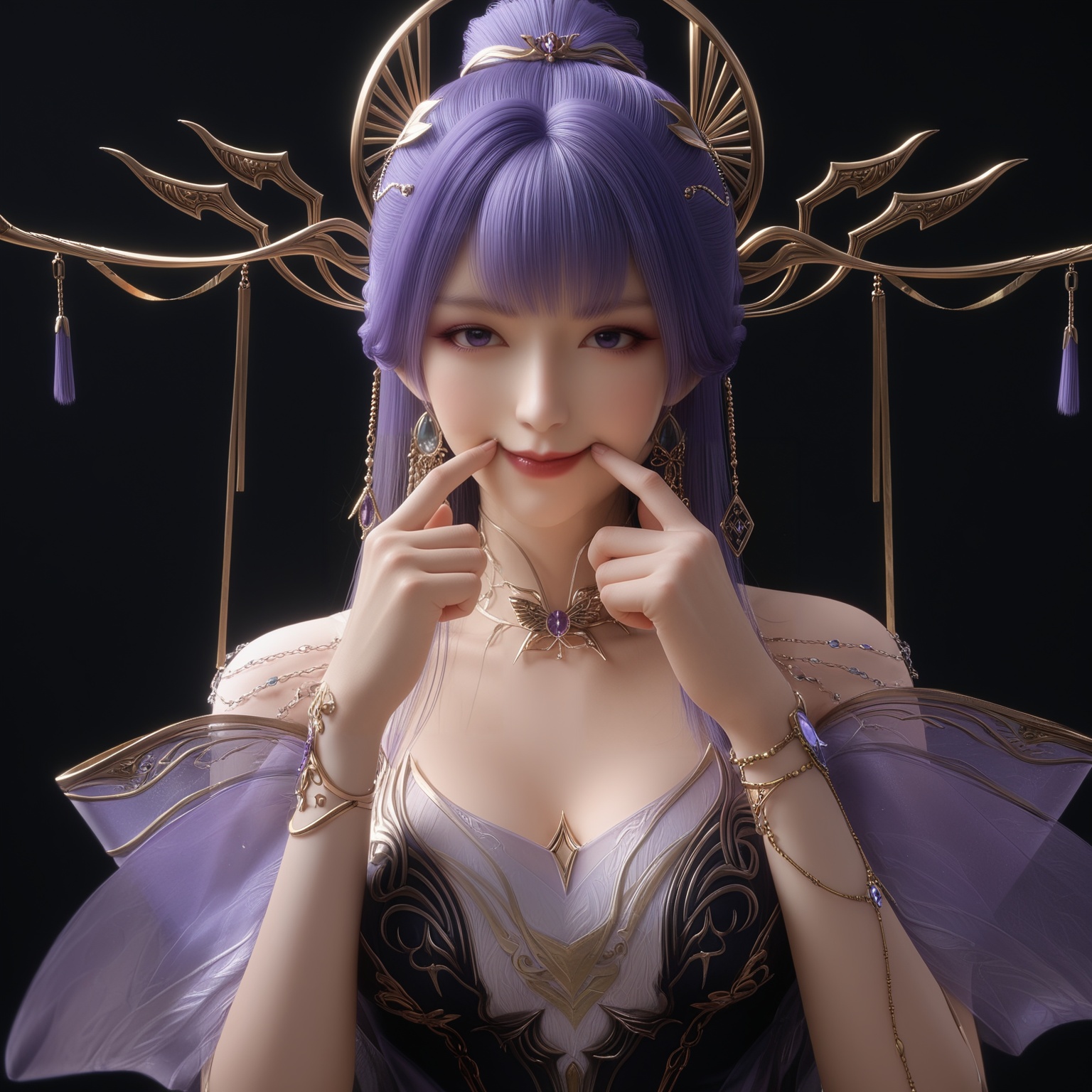 masterpiece,best quality,absurdres,highres,1girl,solo,<lora:新-天穹-ill:0.83>,upper body,BREAKpurple and black,long hair,purple hair,jewelry,ornate hair ornament,golden headpiece,long dangling earrings,antler-like crown,tassel headdress,collarbone,choker,shoulder chains,arm chain,sheer overlay,corset top,(fingersmile),BREAK(white_skin:1.1),(fair_skin:1.1),realistic,simple background,black background,