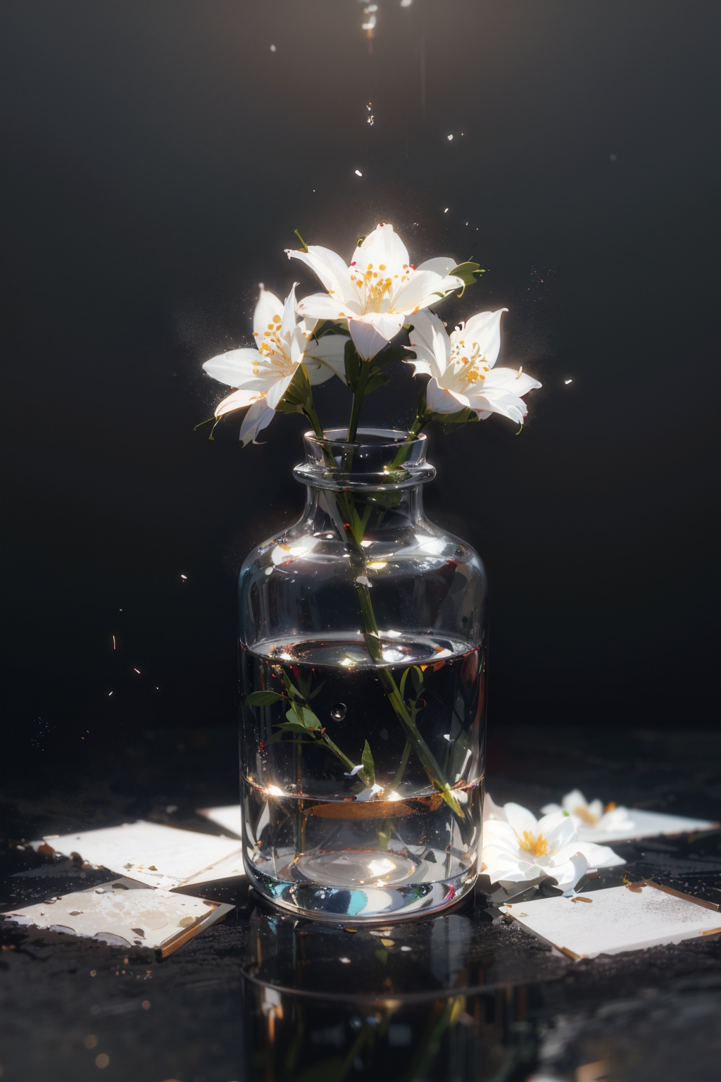 masterpiece,best quality,(ray tracing,cinematic lighting),glass bottle,close-up,white flower,blurry background,grey background,blurry foreground,simple background,