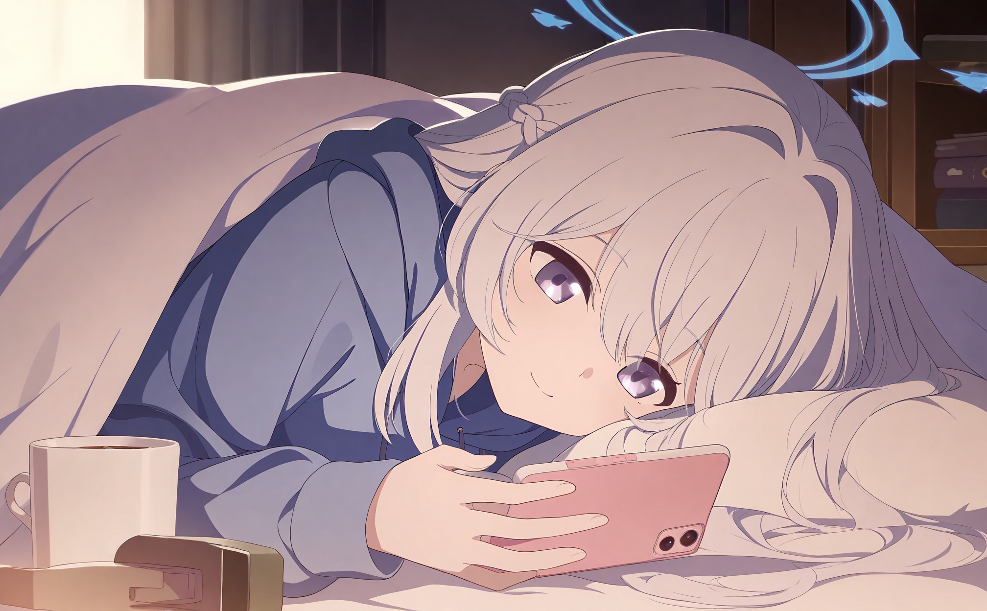//,phone, 1girl, miyako_\(blue_archive\), cellphone, smartphone, holding_phone, purple_eyes, halo, hood, hoodie, solo, holding, looking_at_phone, cup, blue_halo, long_hair, blue_hoodie, under_covers, blanket, long_sleeves, closed_mouth, white_hair, braid, hair_between_eyes, indoors, grey_hair, smile, lying, crown_braid, on_stomach//,//,//,<lora:BA——【noob】hans-000018:1>,