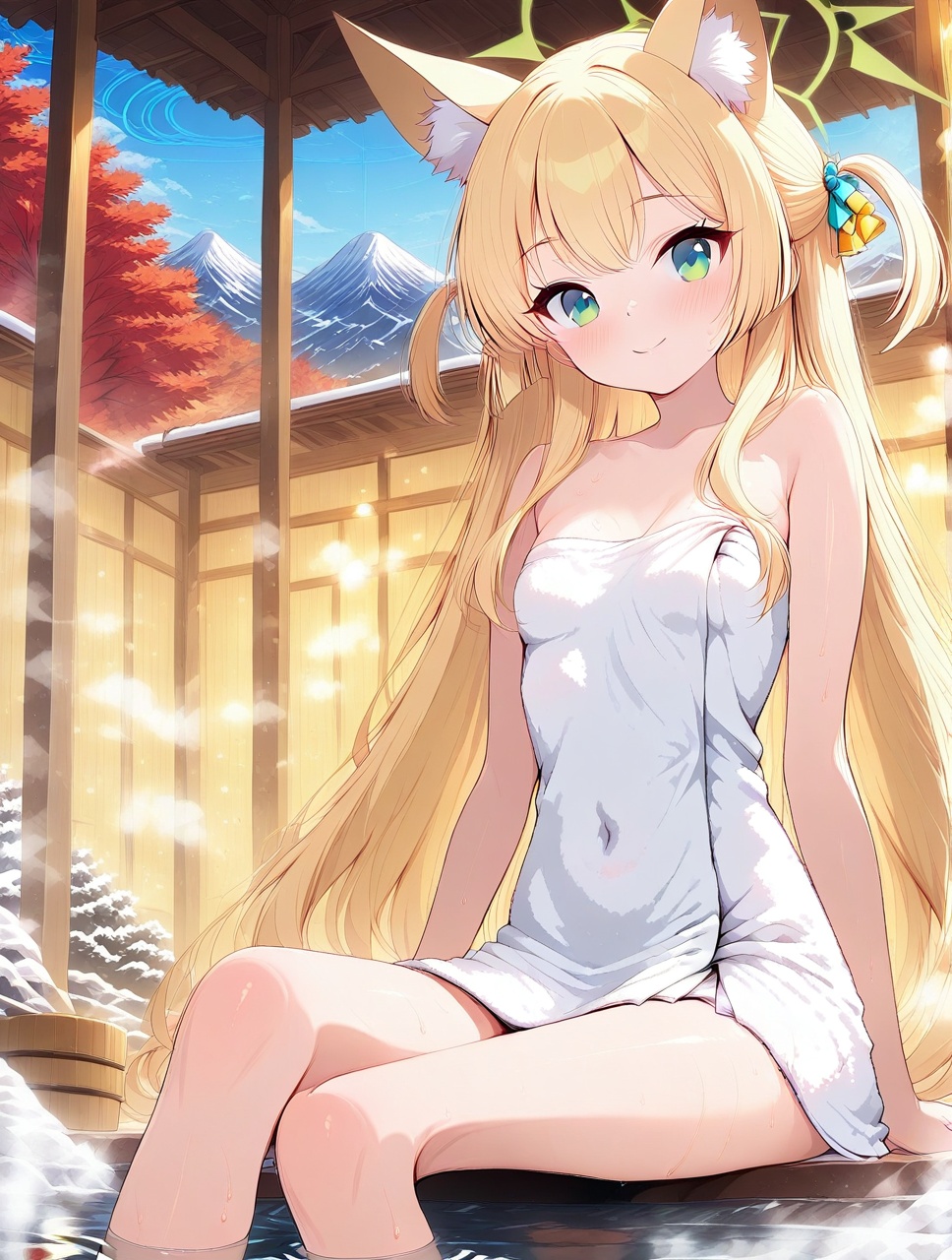 O,ultra detailed anime texture,Kurumi(blue archive),Kurumi(blue archive),1girl, solo, towel, long hair, animal ears, blonde hair, green eyes, smile, naked towel, looking at viewer, halo, onsen, sitting, animal ear fluff, wet, outdoors, collarbone, bangs, closed mouth, very long hair, two side up, breasts, day, fox ears, bare shoulders, water, blush, sky, small breasts, soaking feet, bucket, mountain, hair between eyes, bare arms, tree, snow, blue sky, steam, wooden bucket, arm support,(aesthetics),masterpiece,best quality,ultra high definition,32K resolution,clear focus,delicate details,high-end texture,fashion photography,film perspective,rich colors,color palette,advertising style,tension composition,masterpiece,mild atmosphere,latest,dynamic Dutch perspective,transparent composition,magazine cover,cover,