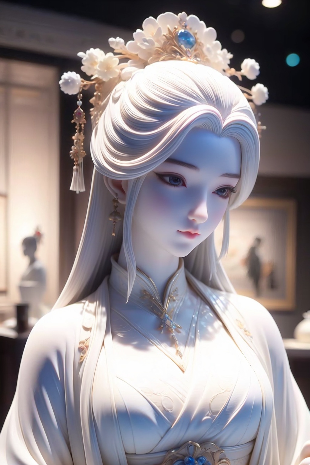 <lora:20240504-1714819801153:0.8>,a girl,white ceramic,(Masterpiece, best quality, high quality, high-end, super detailed),<lora:20240620-1718858221795:0.4>,jewel,indoor,
