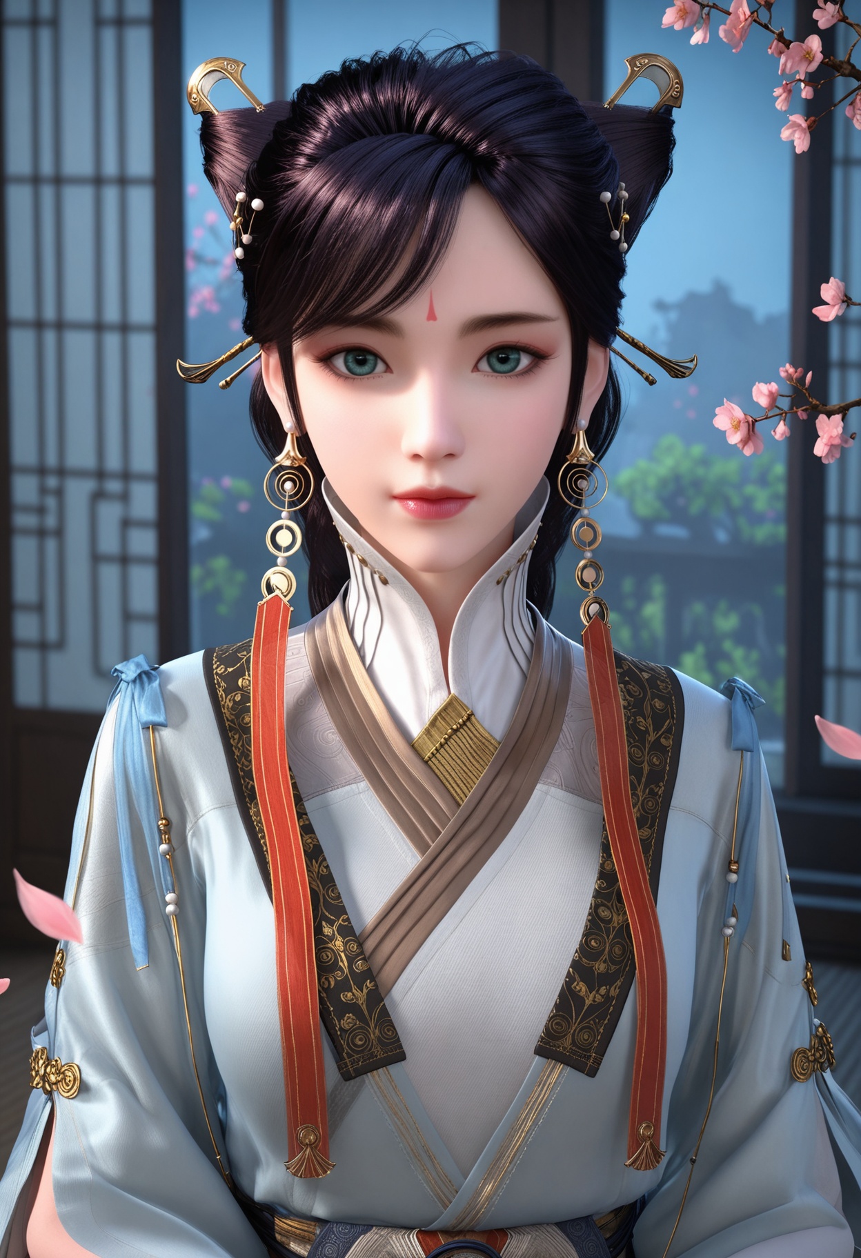 (upper_body:1.2),(looking at viewer:1.1),masterpiece,(best quality),smog,Dark room,dim lighting,peach blossom,falling petals,<lora:YQ_Illustrious光辉v5_徐灵犀_V1:0.8>,q1528437228,1girl,solo,jewelry,earrings,hair ornament,black hair,lips,chinese clothes,dress,forehead mark,green eyes,hair bun,long hair,makeup,brown hair,hair stick,long sleeves,tassel,boots,white pantyhose,braid,blue eyes,brown eyes,double bun,