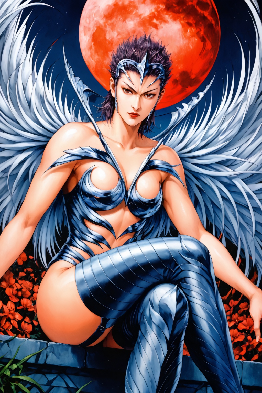 safe_pos,score_9,score_8_up,score_7_up,Tiexin,1girl,solo,silver wings,silver armor,short hair,hair ornament,silver helmet,boot,looking at viewer,cowboy shot,nice hands,<lora:pony神兵玄奇-铁心（无妄）:1>,(highres, high quality:1.3),intricate details,sharp focus,depth of field,outdoors,sky,night,red moon,soft focus,bright skin,Holy lighting,white skin,mature female,magnificent architecture,overexposure,dynamic pose,dynamic angle,<lora:add-detail-xl:0.5>,mature female,curvy,shiny skin,oiled skin,sitting, crossed legs,