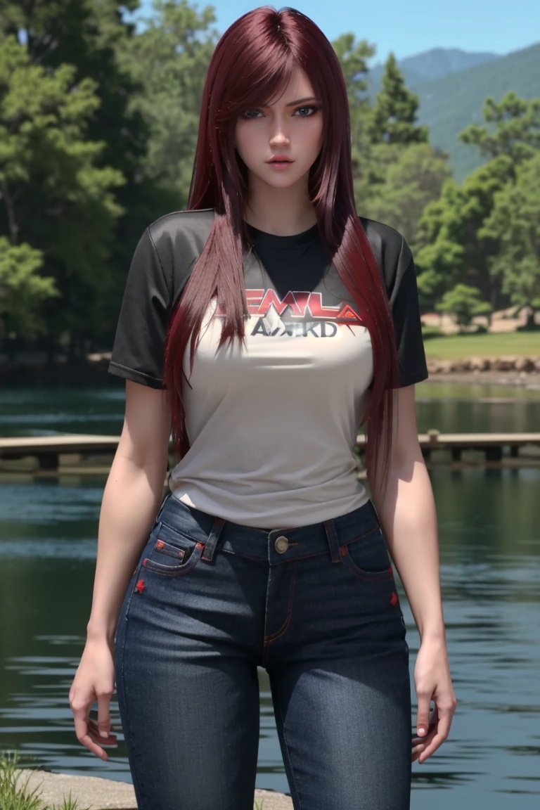 ((HRD, HUD, 8K)),((masterpiece, best quality)), highly detailed,1girl, solo, long hair, red hair, brown hair, brown eyes, lips, breasts, medium breasts,  (t-shirt:1.2), jeans,sun, mountain, river, water, (cowboy shot), standing, looking at viewer,  <lora:20231223-1703323250913:0.7>