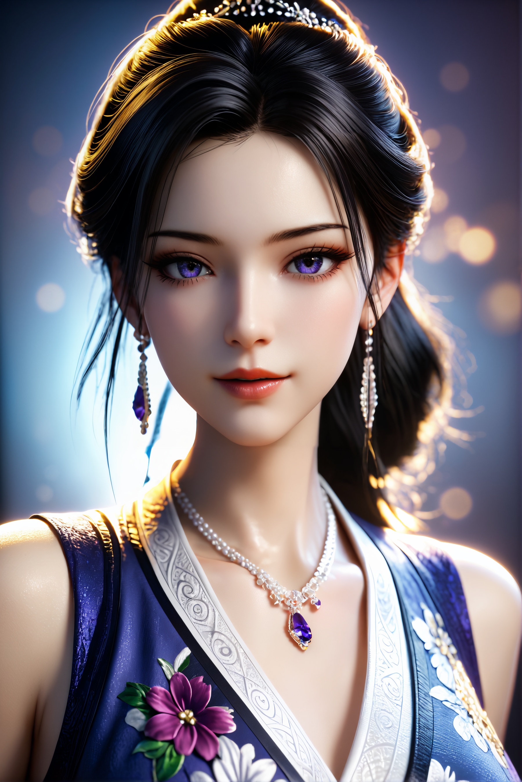 score_9,score_8 up,score_7,1girl,solo,3d,ultra-detailed,high resolution,perfect lighting,flawless skin,sharp focus,extremely detailed anatomy,Exquisite Craftsmanship,High-Resolution Beauty,Unparalleled Artistic Quality,masterpiece,best quality,official art,extremely detailed CG unity 8k wallpaper,<lora:慕沛灵:0.5>,hanfu,tang style outfits,purple floral songmo,