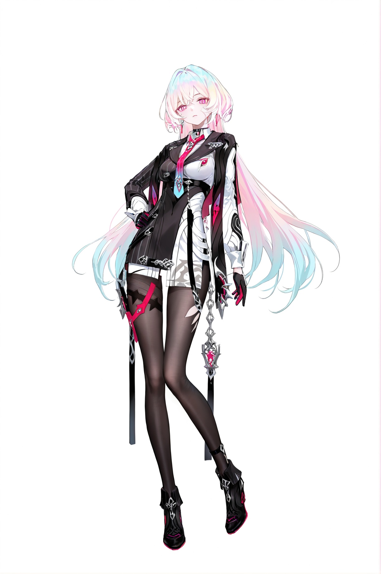 8k,best quality,masterpiece,(ultra-detailed),(high detailed skin),(artist:reoen:0.826446),(artist:machi:0.9),(artist:ningen_mame:0.9),(artist:sho_(sho_lwlw):0.9),(artist:rhasta:0.9),(artist:wlop:0.7),(artist:ke-ta:0.6),(fkey:0.5),(tianliang duohe fangdongye:0.5),(hiten \(hitenkei\):0.6),best quality,amazing quality,(artist:onineko:0.826446),very aesthetic,bokeh,masterpiece,best quality,<lora:wqmt-gnoob-Tanger:0.4>,Path to Nowhere  \(video game\),game CG,cool,(solo:1.3),full body,full shot,standing,looking at viewer,(solo:1.2),simple background,(white background:1.2),hand on own hip,(white background:1.1),<lora:Lantern-new-will-Tanger-000014:0.8>,Lantern \(Honkai Impact 3\),def Lantern,clothes: def white-and-black suit,facial bandage,blue-and-pink hair,multicolored hair,1girl,gloves,necktie,black pantyhose,long hair,pink eyes,