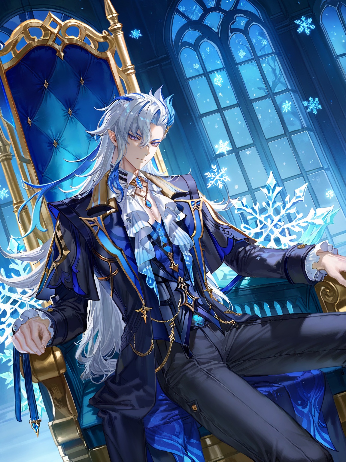 neuvillette \(genshin impact\),<lora:碧蓝航线立绘12·ILL:0.8>,lihui,official alternate costume,1boy,sitting,male focus,solo,suit coat,jewelry,throne,suit,coat,shirt,pants,looking at viewer,chair,snowflakes,necklace,(quasarcake:0.7),dutch angle,from_side,(cowboy_shot:1.2),