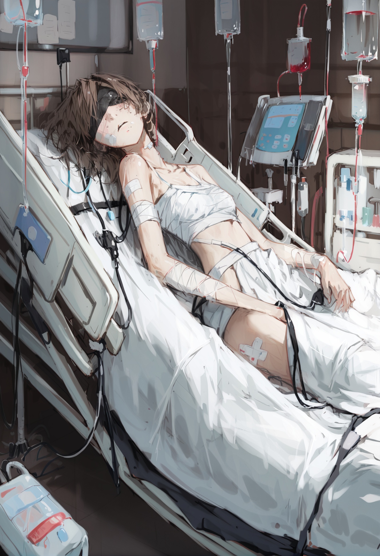 masterpiece, best quality,1girl,   intravenous drip, hospital bed, solo, blood bag, hospital, lying, on back, bed, bandages, bed sheet, bandaid, cast, bandaged neck, indoors, parted lips, bandaged head, black eyes, looking at viewer, bandaid on arm, blood on face, iv stand, blood, bandaged leg, bandaid on face, bandage over one eye, brown hair, infirmary, bandaid on cheek, short hair, cast writing, bob cut, knees up, on bed, bandaged chest, feet out of frame <lora:DInoballXLlokr8f-000185:0.95>