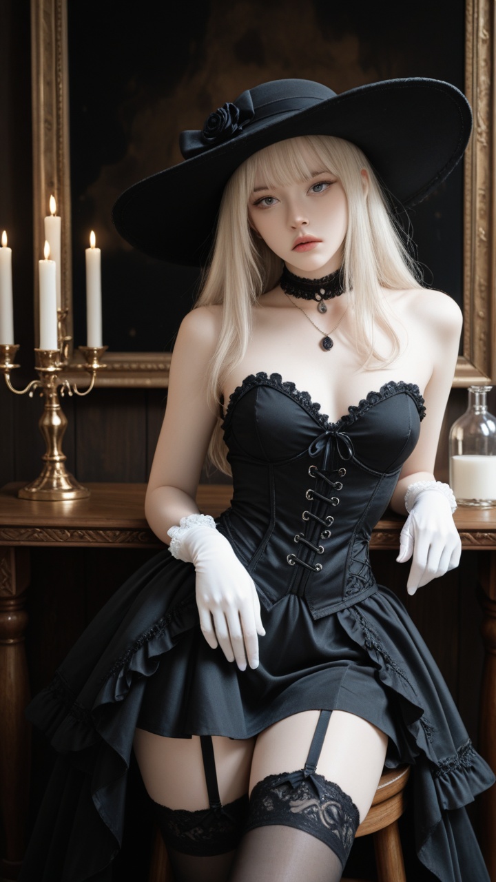 This photograph features a young woman in a detailed,  gothic-inspired cosplay outfit,  seated on a wooden stool in a diml...
