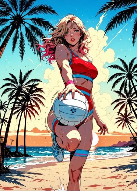 masterpiece, detailed_eyes, high_quality, best_quality, highres, subject_focus, depth_of_field, realistic_body, solo, vaporwave_colors,woman, (standing_on_one_leg:1.4), volleyball, beach, intense focus,  looking at another, blue, orange, blonde_hair, pink_hair, messy_hair, hair over eye, long hair, brown_eye, simple background, dynamic view, looking at viewer, blush, motion, twilight clouds, mist, spectral neon particles, sunset, palm trees, sneaker, beach volleyball, asymmetrical thighhighs, red swimsuit, highwaist, hand raised, motion lines, beach volleyball, multicolored_fashion, perspective_distortion, from the side,  expression_mouth_slightly_open <lora:LORA-64-dmd2:1>