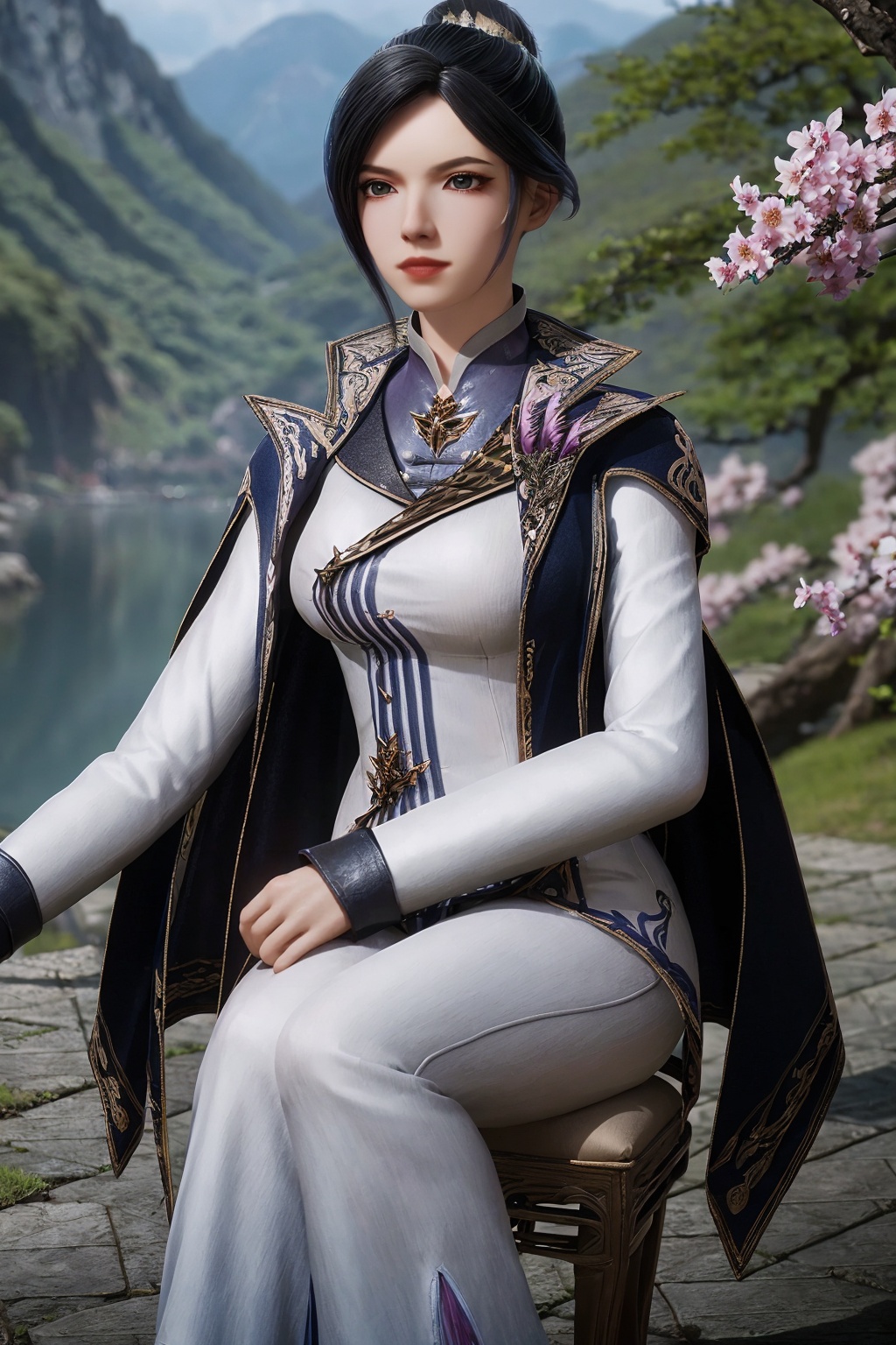 <lora:zhouyi:0.85>,zhouyi,sitting on stool,looking at viewer,1girl,solo,light_smile,black_single_hair_bun,hair ornament,hairpins,high collar,chinese clothes,blue cape,white pants,soft focus,garden,nature,bush,mountains,grass,(blooming sakura trees:1.3),(waterfall:1.1),river,fog,sun rays through branches,depth of field,(best quality:1.5,masterpiece:1.5),