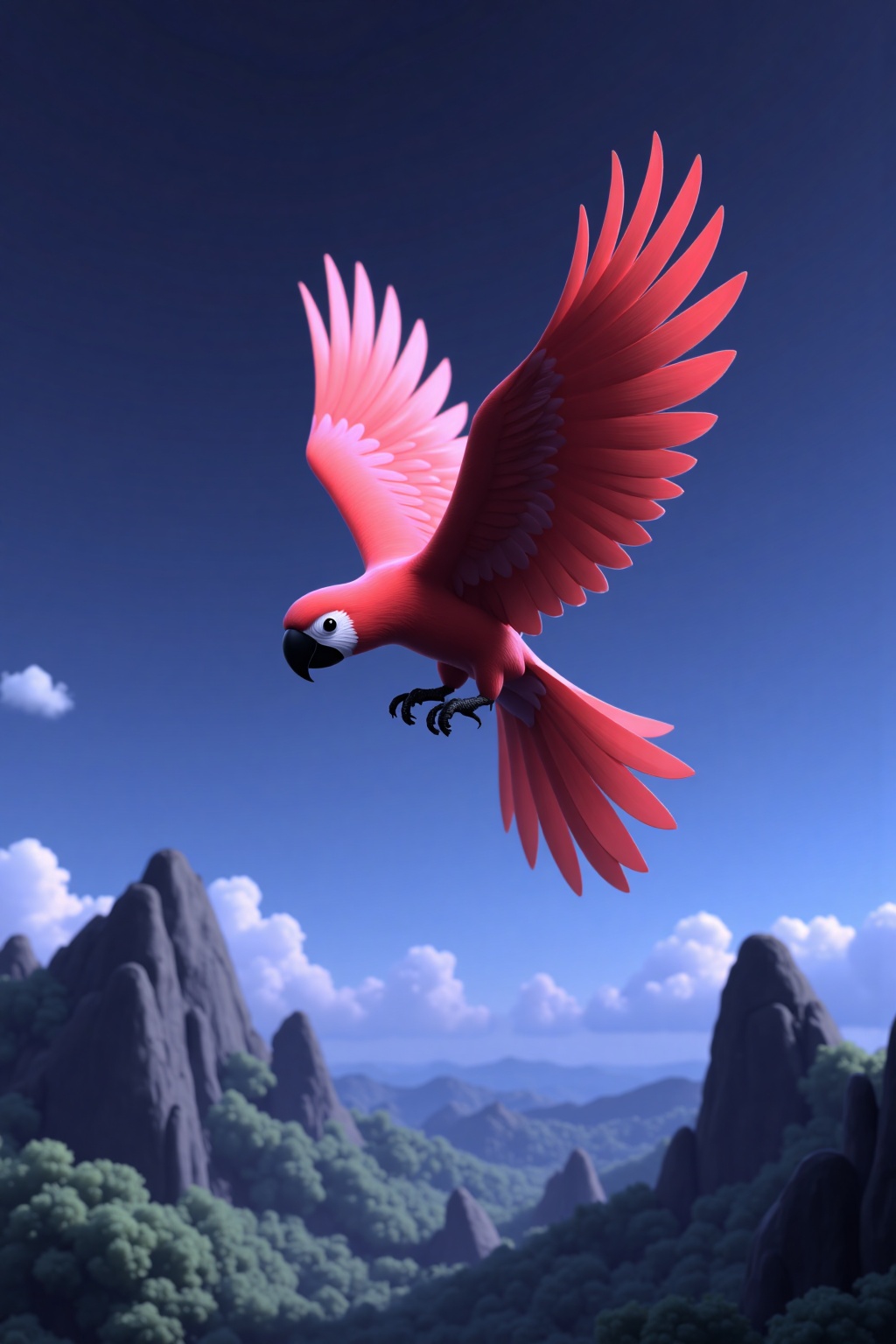beijihui,a vibrant red parrot is soaring through the air,its wings spread wide,revealing a vibrant shade of pink. The parrot's head is adorned with a black beak,adding a pop of color to the scene. The backdrop of the parrot,a backdrop of mountains,is a deep blue,with a few wispy clouds in the sky.,