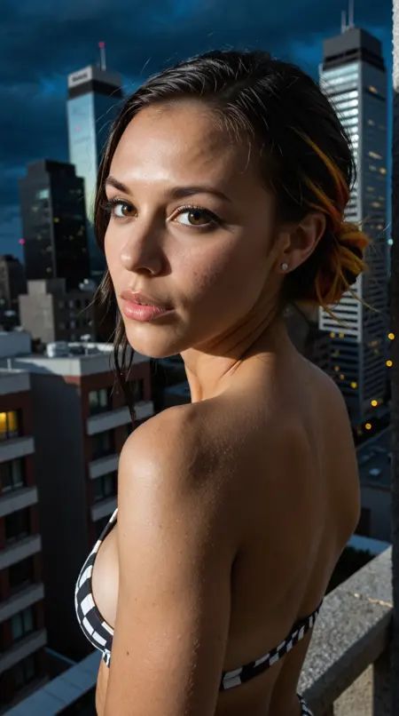 An ***** woman, {A professional night-time closeup photo of a black woman, with dark hair with yellow (orange:0.8) streaks and a high-fade hairstyle, , , , on a quiet corner of a city rooftop, away from the crowds and noise, detailed background