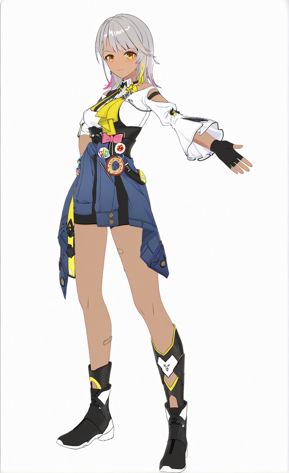 8k, best quality, masterpiece, (ultra-detailed), (high detailed skin), (white background:1.4), (full body:1.2), (white background), standing, looking at viewer, (solo), hands on hips, <lora:Carol-artiwaifu-Tanger-000014:0.7>, Carol, def clothes, 1girl, gloves, fingerless gloves, dark-skinned female, dark skin, black gloves, clothes around waist, yellow eyes, black footwear, grey hair, (beautiful_face), ((intricate_detail)), clear face, ((finely_detailed)), fine_fabric_emphasis, ((glossy)), full_shot, 