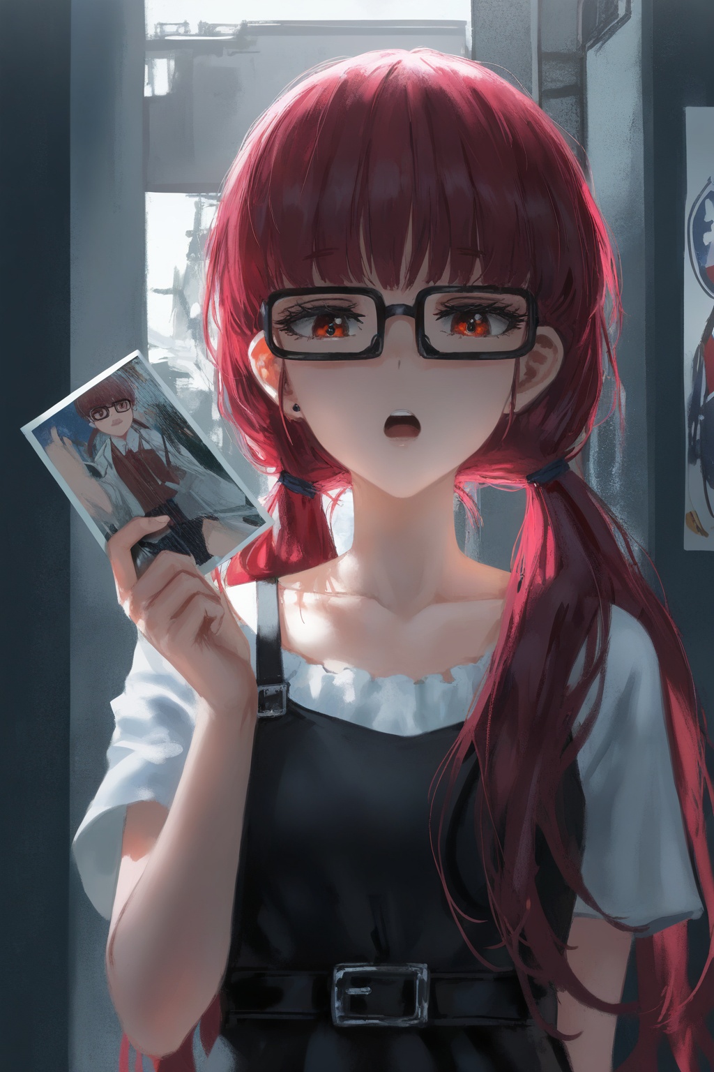 masterpiece,best quality,amazing quality,very aesthetic,absurdres,best quality,newest,(artist:quasarcake:0.8),extreme aesthetic,(wlop:0.9),masterpiece,best quality,good quality,newest,very aesthetic,absurdres,A shot with tension,Visual impact,giving the poster a dynamic and visually striking appearance,offcial art,splash of color,movie perspective,Yui Unoki, 1girl, solo, glasses, long hair, open mouth, black-framed eyewear, anime coloring, red hair, red eyes, holding, looking at viewer, brown eyes, collarbone, masu<lora:journey-000004:0.8>,