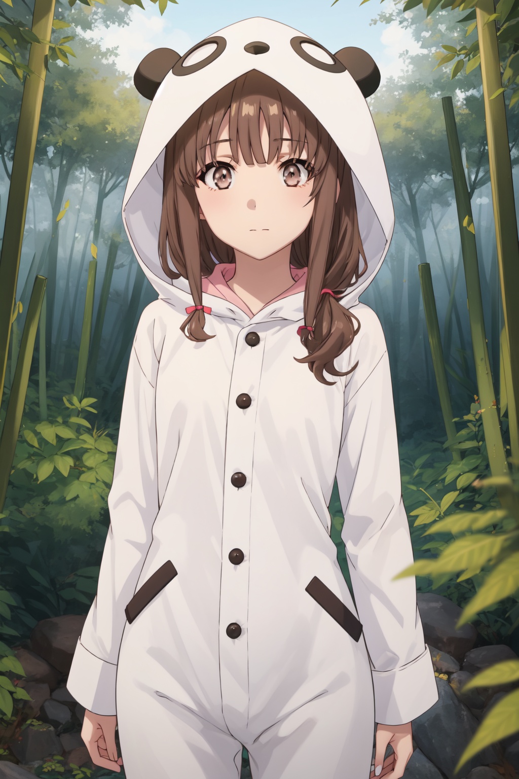 <lora:Kaede-000015:0.8>,Kaede CYQL,1girl,looking at viewer,solo,brown_hair,long_hair,brown_eyes,animal_costume,hood,pajamas,moaning,cowboy_shot,Bamboo, Forest, Mist, Morning, Silence, Green, Tranquility, Pathway,(Climbing roses, Thatched roof cottage, Rose-covered facade, Springtime charm, English countryside, Cottage garden:0.5),beautiful detailed sky,beautiful detailed glow,posing in front of a colorful and dynamic background,masterpiece,best quality,beautiful and aesthetic,contrapposto,female focus,wallpaper,