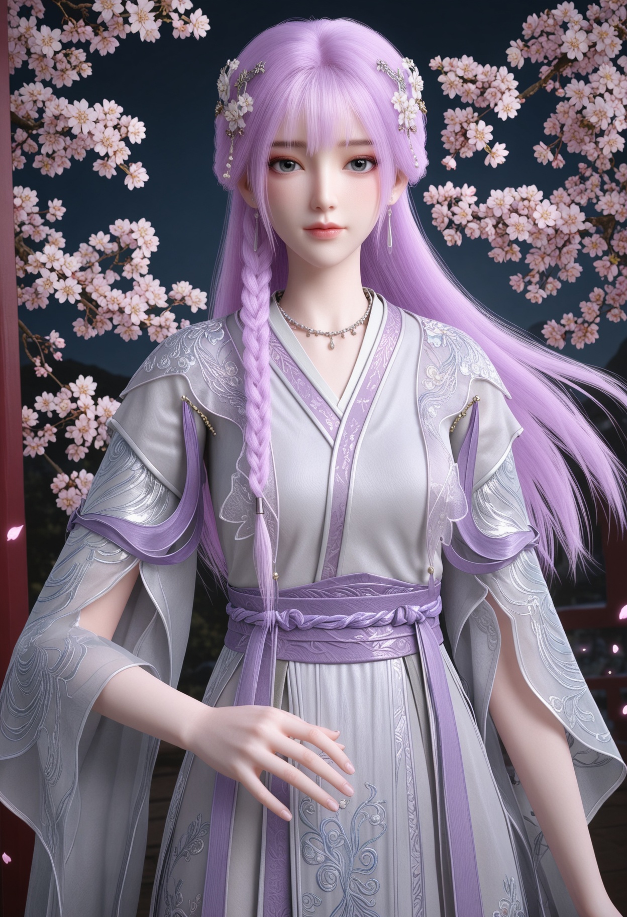 (cowboy shot:1.2),(looking at viewer:1.1),masterpiece,(best quality),smog,Dark room,dim lighting,peach blossom,falling petals,<lora:YQ_Illustrious光辉v5_天穹_少女_V1:0.8>,q1528437228,1girl,solo,long hair,purple hair,jewelry,hair ornament,earrings,braid,necklace,dress,hair flower,blue eyes,pink hair,chinese clothes,green eyes,side braid,grey eyes,japanese clothes,wide sleeves,long sleeves,sash,robe,